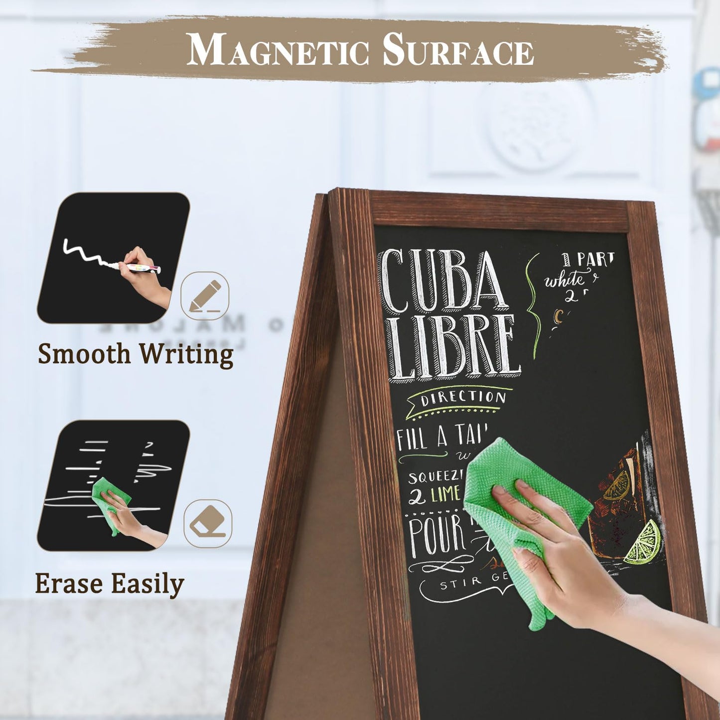 AMUSIGHT Wooden A-Frame Sign, Magnetic 40" x 20" Brown Chalk Board Sign Board, Double-Sided Sandwich Board Signs Outdoor, Chalkboard Easel, Menu Board for Restaurant, Business or Wedding