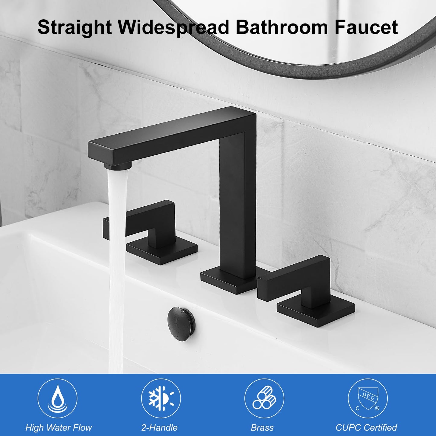 RUMOSE 8 inch Widespread Matte Black Bathroom Faucets for Sink 3 Hole Stainless Steel 2 Handle Lavatory Square Faucet Modern RV Bathroom Faucets with Pop Up Drain Vanity Faucet Deck Mounted