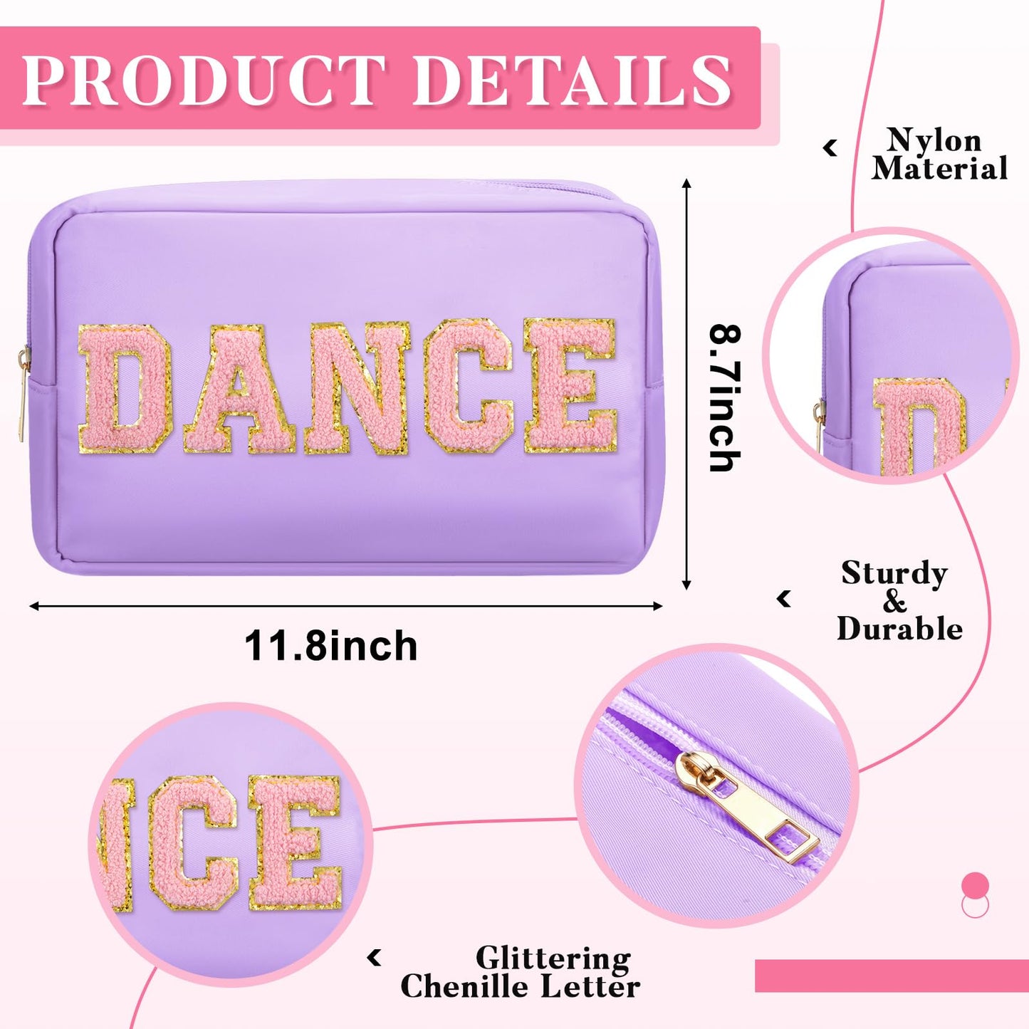 Clysee 12 Pcs Cosmetic Cheer Bag Bulk with Chenille Letter Patches Gifts Nylon Makeup Bag Portable Toiletry Zipper Pouch for Cheerleader Women Travel Accessories(Novel Colors,Dance)