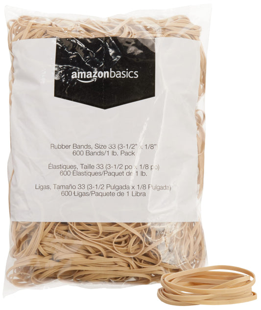 Amazon Basics Rubber Bands, Size 33 (3-1/2 x 1/8 Inch), 600 Bands/1 lb Pack, 25-Pack, Tan