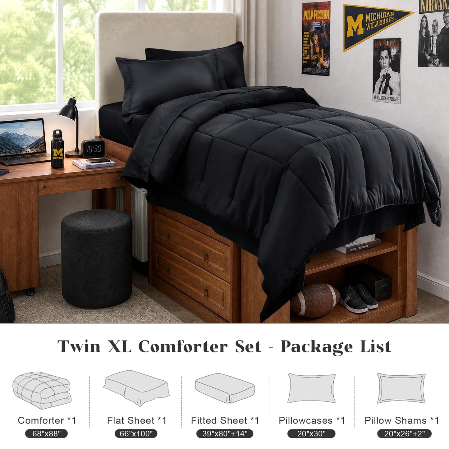 JOLLYVOGUE Twin Comforter Set, Ultra-Soft Bed in a Bag Twin Size 5 Pieces, Oeko-TEX Certified Bedding Set with Down Alternative Comforter, Sheets, Pillowcases & Shams, Black