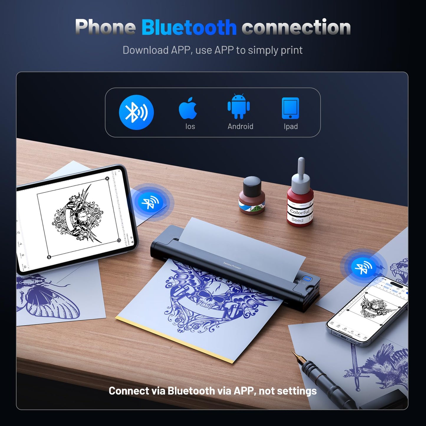 A41 Tattoo Transfer Printer, Wireless Tattoo Printer Machine with 10pcs Paper, 2600mA Portable Thermal Tattoo Stencil Printer for Tattoo Artist & Beginners, Compatible iPad, Phone & PC