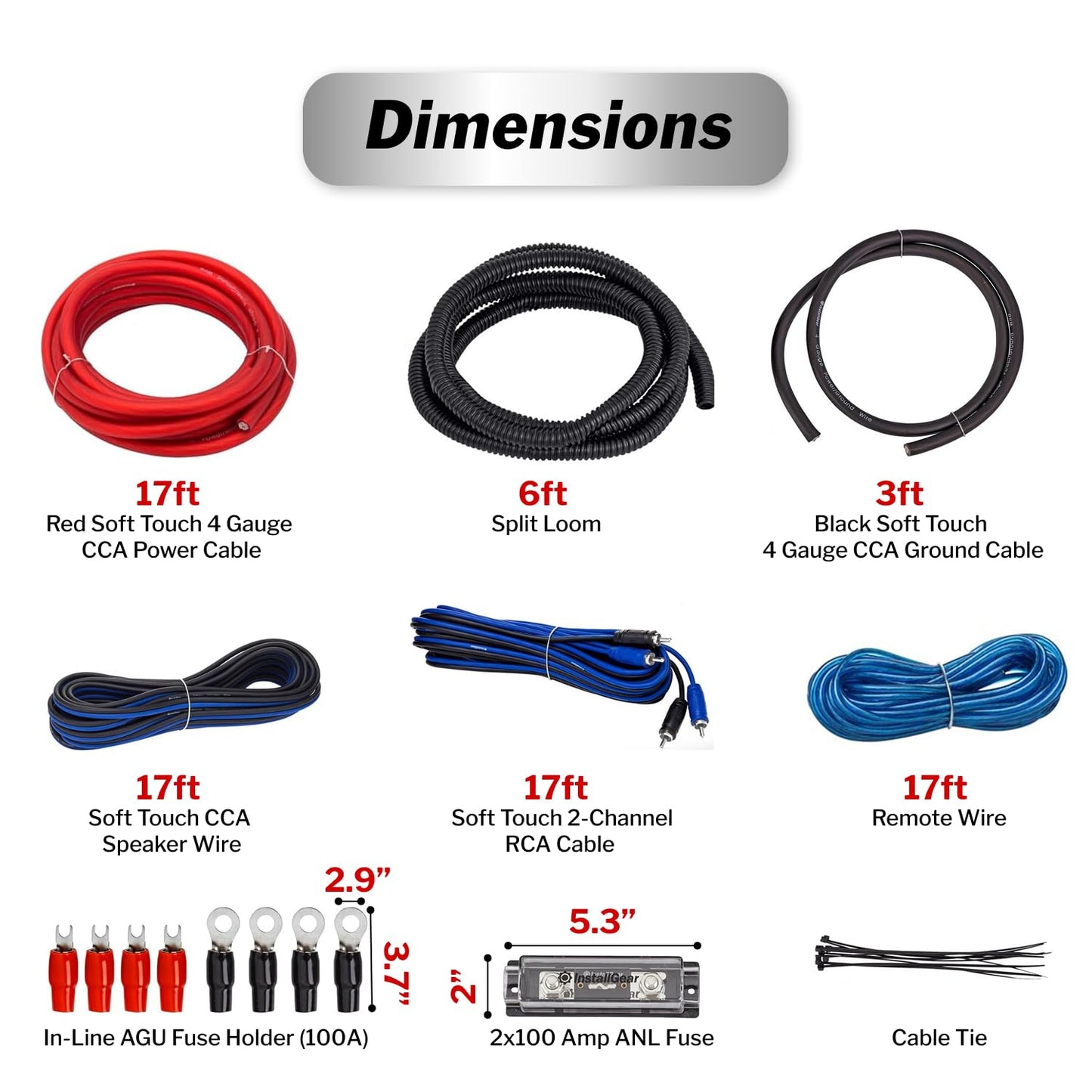 4 Gauge Amp Wiring Kit by InstallGear - Complete Subwoofer Wiring Kit with Power, Ground, RCA Cables - Soft Touch CCA Cable Set for Amplifier Installation - 17ft Length