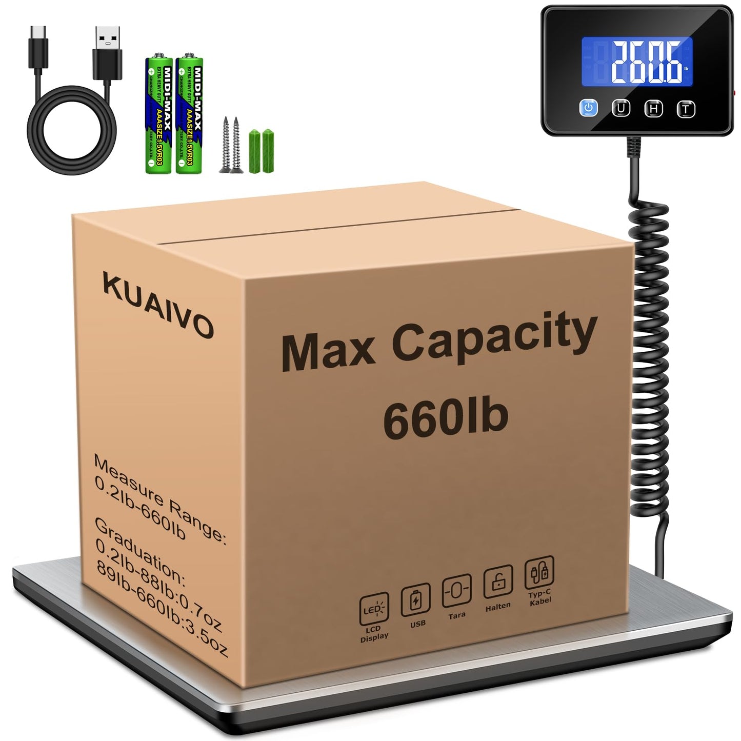 KUAIVO 660 lb Shipping Scale with Large LCD Display, Heavy Duty Postal Scale, 7 oz Accuracy, Digital Package Scale for Warehouse, Freight, Industrial and Home Business
