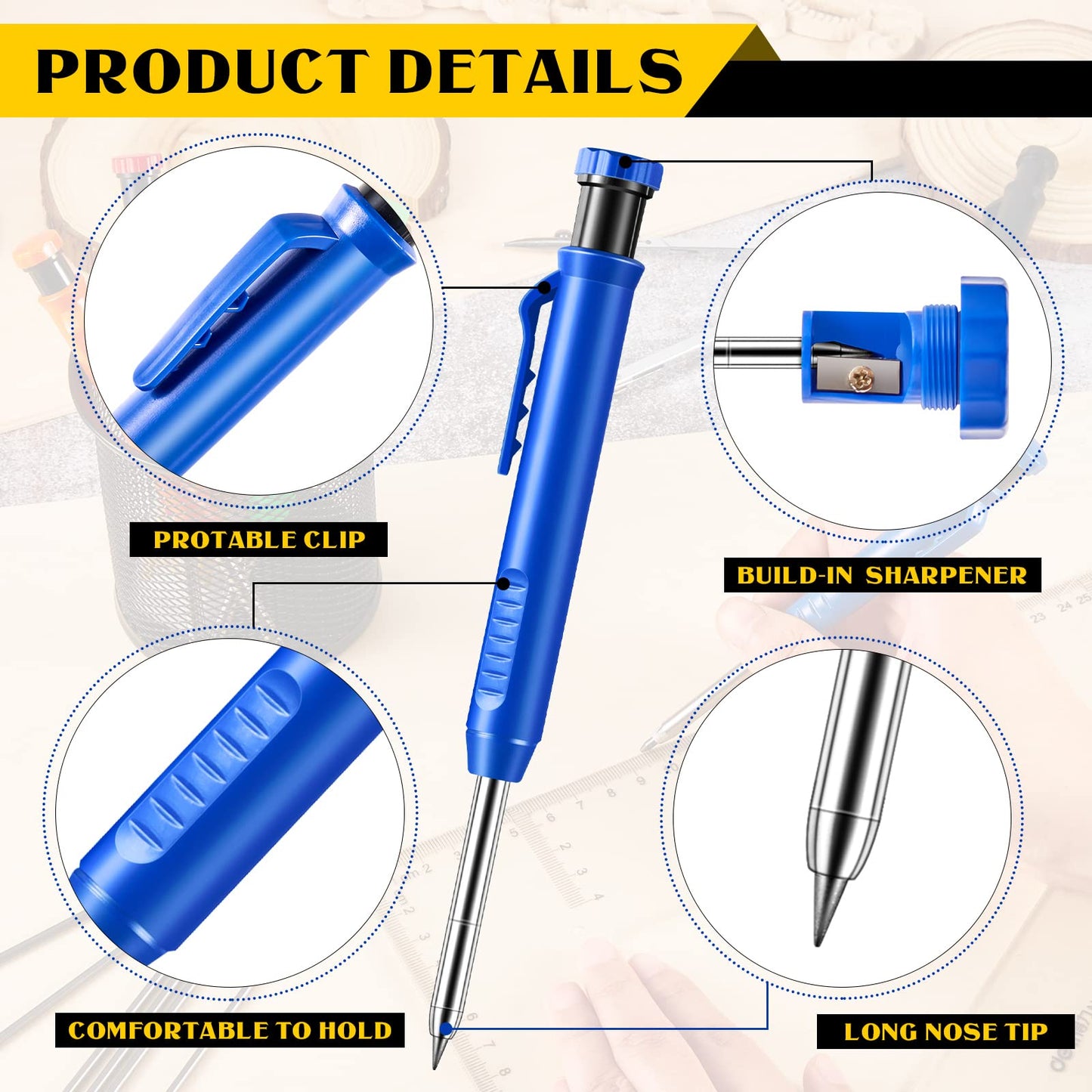 Sabary 10 Pcs Solid Carpenter Pencils with 60 Pcs 2.8mm Refills Long Nosed Deep Hole Mechanical Pencil Marker Construction Pencils with Built in Sharpener for Woodworking Drafting Architect Tool