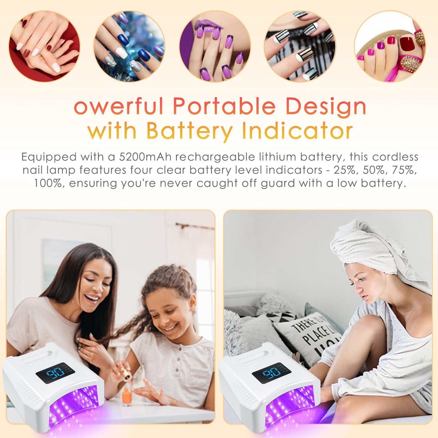 Layhou Cordless UV LED Nail Lamp 80W 52LEDs Gel Nail Polish Dryer Quick Drying Fingernail Toenail Curing Lamp 4 Timer Settings with Auto Sensor Digital Display Screen Nail Art Salon Tool