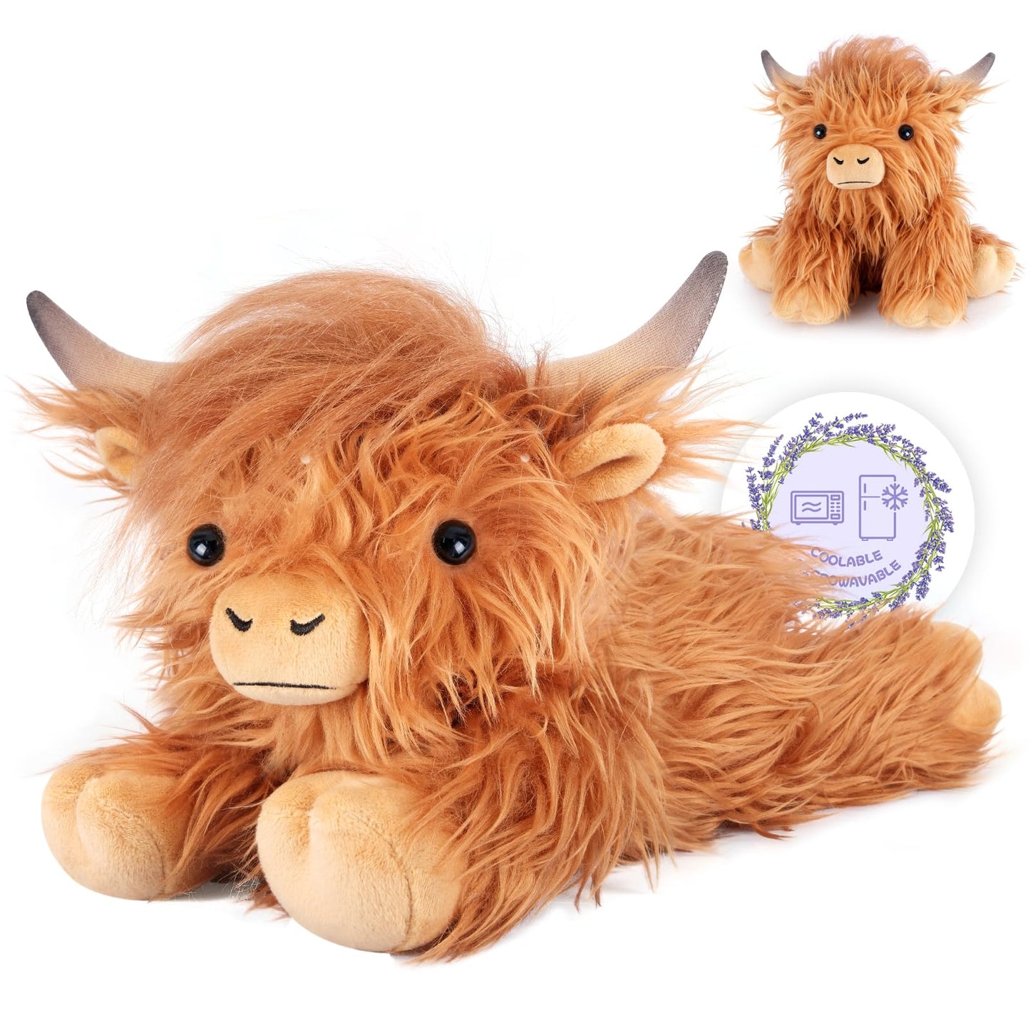 SuzziPals Heatable Coolable Weighted Highland Cow Stuffed Animal, Microwavable Stuffed Animals Peirod Heating Pad for Cramps, Cuddly Soft Plushies for Warmth & Companion, Highland Cow Gifts for Women