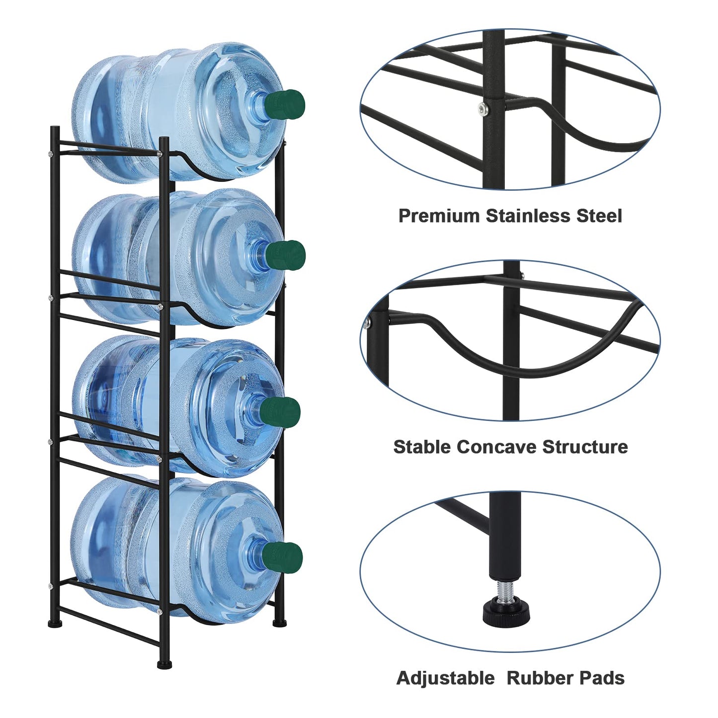 smusei 5 Gallon Water Bottle Jug Holder 4 Tier Heavy Duty Cooler Jug Storage Rack Detachable Bottle Organizer Shelf for Home, Kitchen, Office, Breakroom Space Save, Black