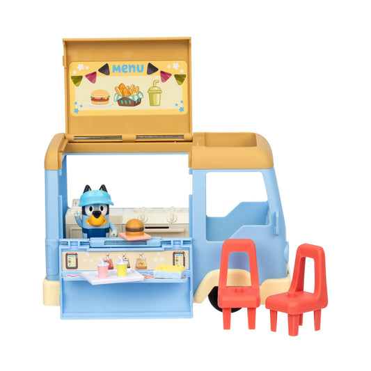 Bluey Transforming Food Truck Playset, Transforms Into a Café with Dining Area and Chairs. Includes Exclusive Bluey Figure Wearing Her Apron and Visor, 5 Accessories and Sticker Sheet