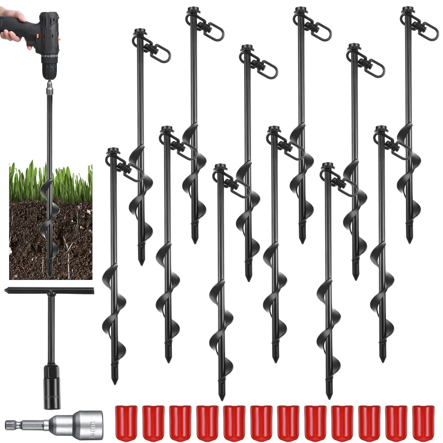 Reginary 12 Inch Ground Anchors Screw in Tent Stakes Heavy Duty Trampoline Anchors High Wind for Camping Canopy Carport Sheds Beach Sand Stakes Metal Swing Set(Black,12 Pcs)