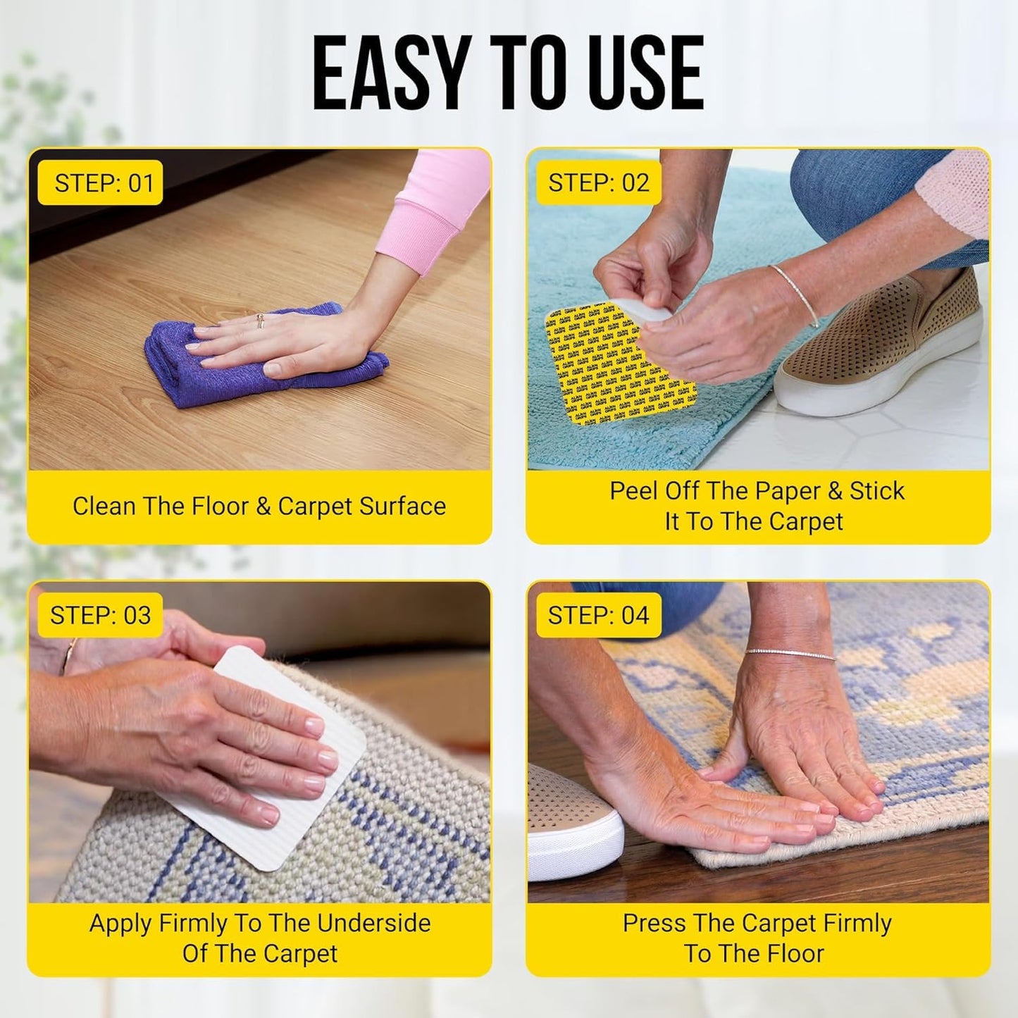 Alien Grip Rug Gripper Carpet Tape - 24pcs, 4x4 in. Anti-Slip Hardwood, Tile Floor, No Damage - Double Sided Reusable, Non Slip Corner Rug Pads - As Seen on TV