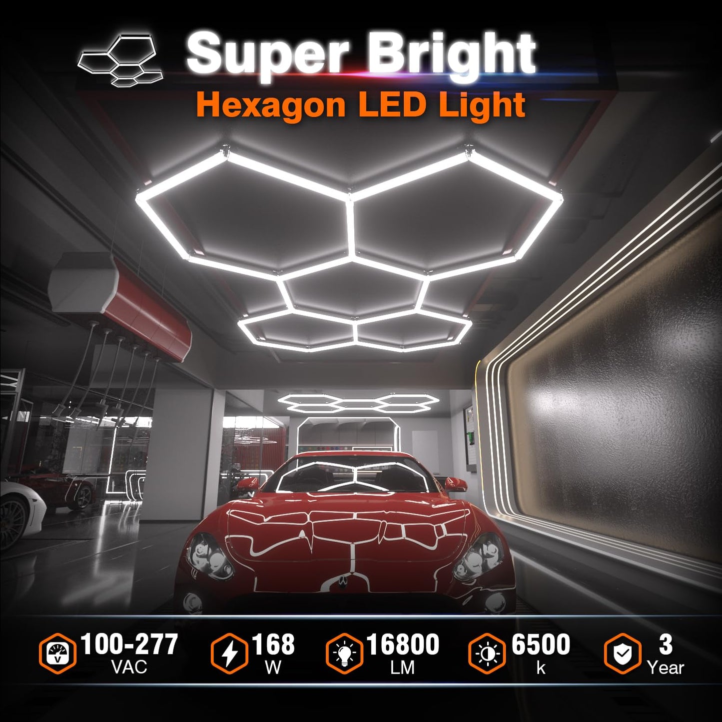 Litezone Hexagon Garage Lights : 3 Level Dimmable 168W Tube 5 Grids Hexagon LED Lights - Easy Install 6500K Super Bright Hex Lights for Garage, Home Gym, Shop, Workshop, Basement, Studio