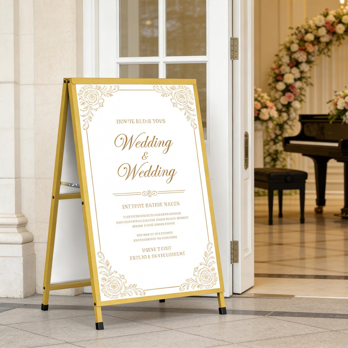 Golden A Frame Sign, Heavy Duty Slide-in A Frame Sign Holder, Double-Side 24x 36 Inch Sandwich Board for Office, Wedding, Business, Party Poster, Frame only