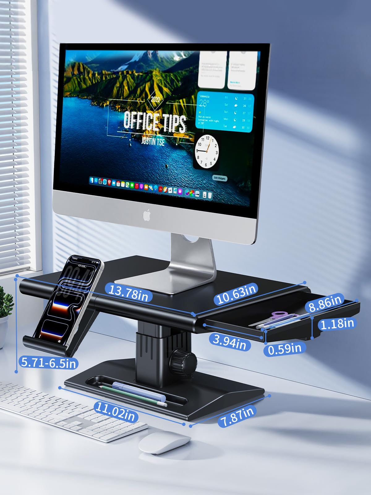 NIFBANG Computer Monitor Stand Riser for Desk,5.7-6.5 Inches Height Adjustable with Storage Drawer & Phone Holder,Workspace Desktop Organizer Monitor Stands Risers Shelf for Computer,Laptop,Printer,TV