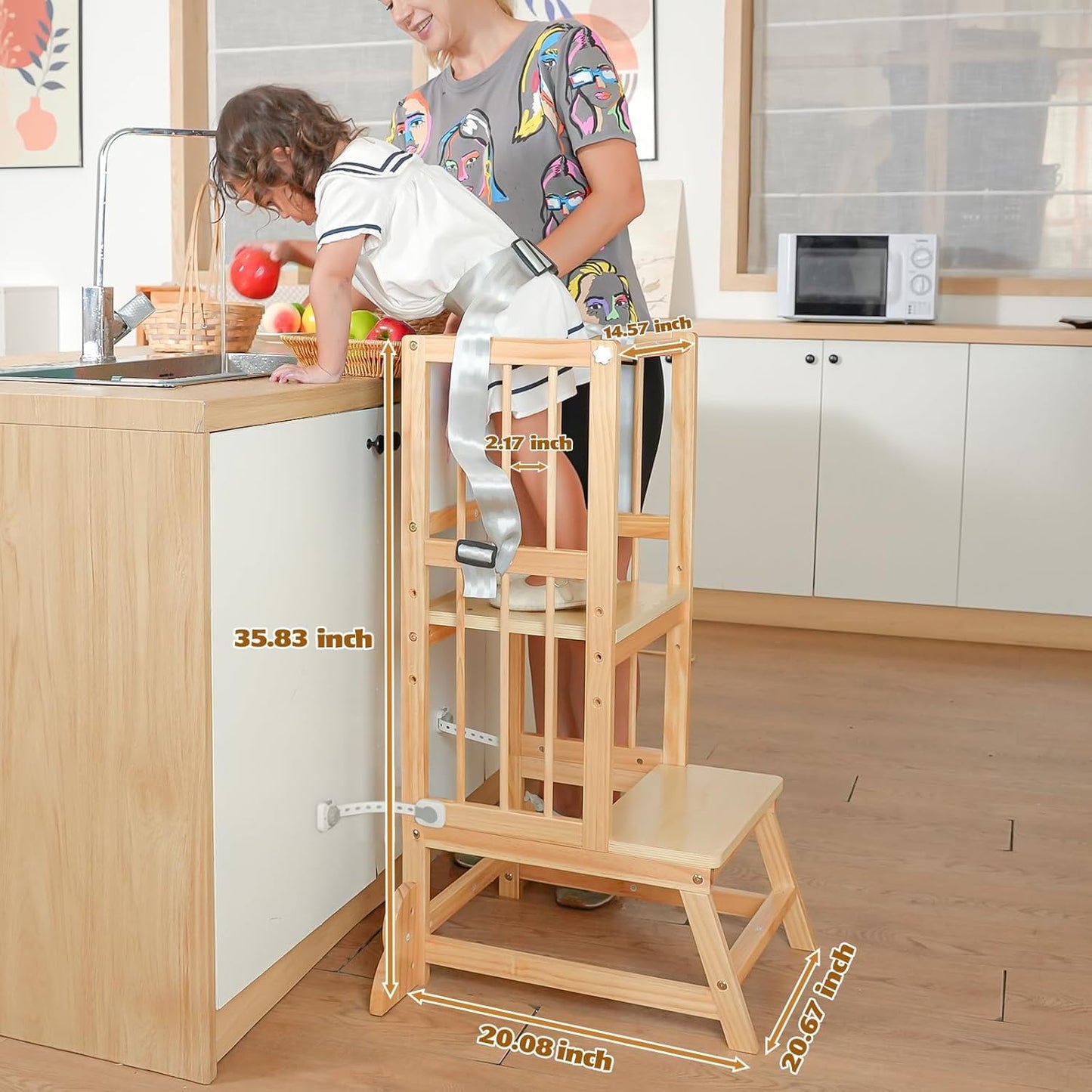 Toddler Step Stool, Kitchen Tower for Toddlers, Adjustable Height Children's Wooden Kitchen Stool, Kids Tower for Learning with Removable Safety Railing, Ages 18 Month to 3 Years(Wood)