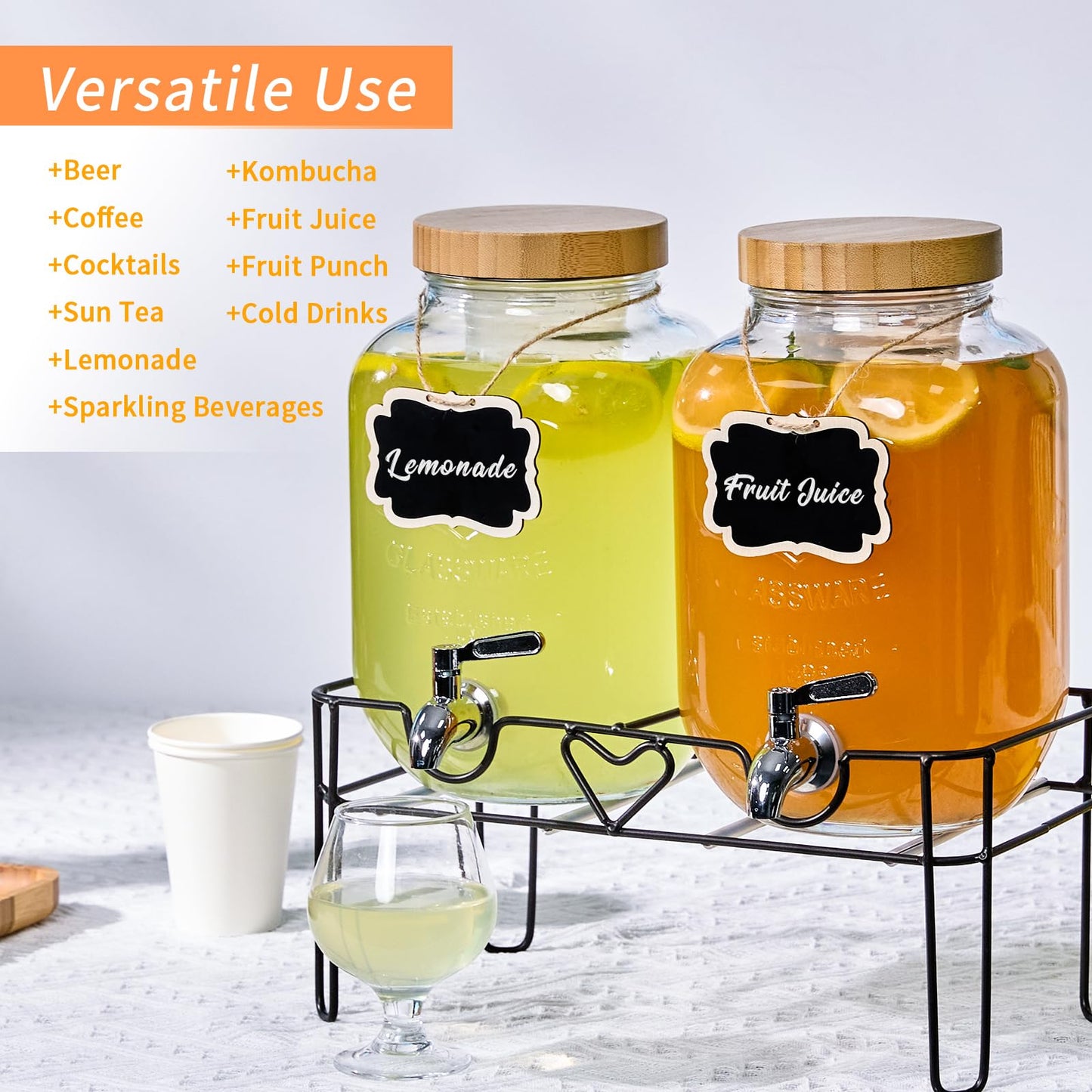 ShoreHao 2 Pack1Gallon Glass Drink Dispenser with Stand&Bamboo Lids&Fruit Infuser,304 Stainless Steel Leak-Proof Spigot,Beverage Dispenser for Parties,Water Sangria Juice Sun Tea Lemonade(Natural)
