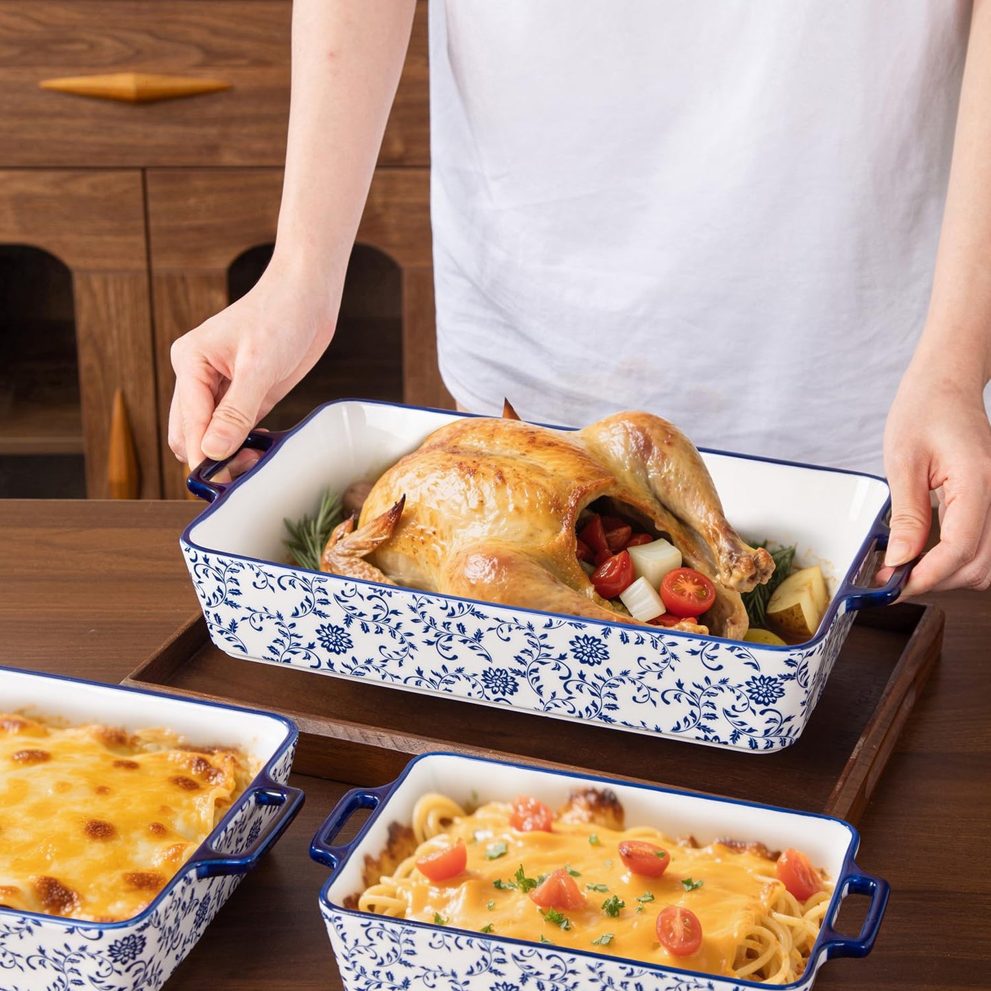 Cerkik Ceramic Bakeware Set - Casserole Dish Baking Dishes for Oven - Rectangular Lasagna Pans with Handles for Kitchen Cooking - Microwave & Dishwasher Safe - Set of 3 (15.1''/13.6''/9.9'') - Blue