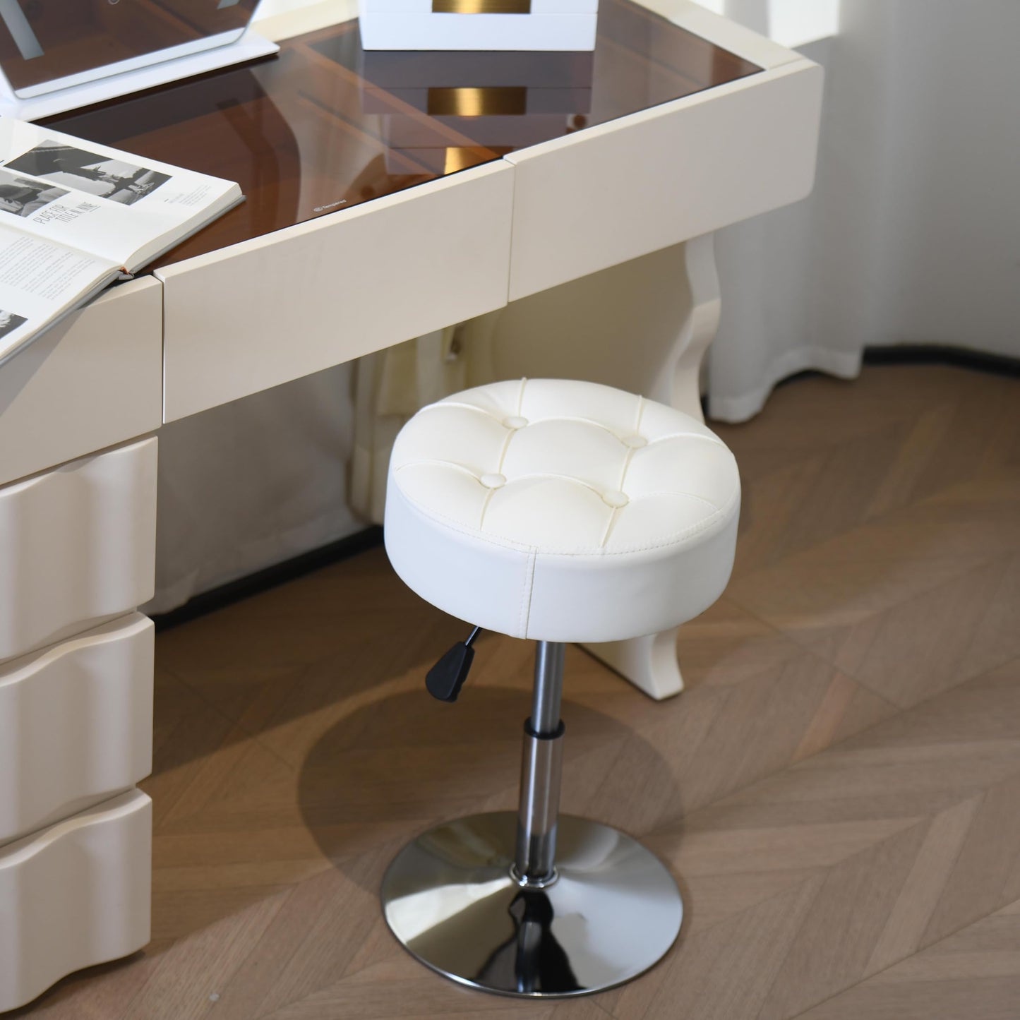 ACEQLYT Adjustable Vanity Stool with High-Density Non-Sagging Foam & Metal Base, Swivel Makeup Vanity Chair, Small Makeup Stool for Vanity, Bedroom, Bathroom, White PU Leather