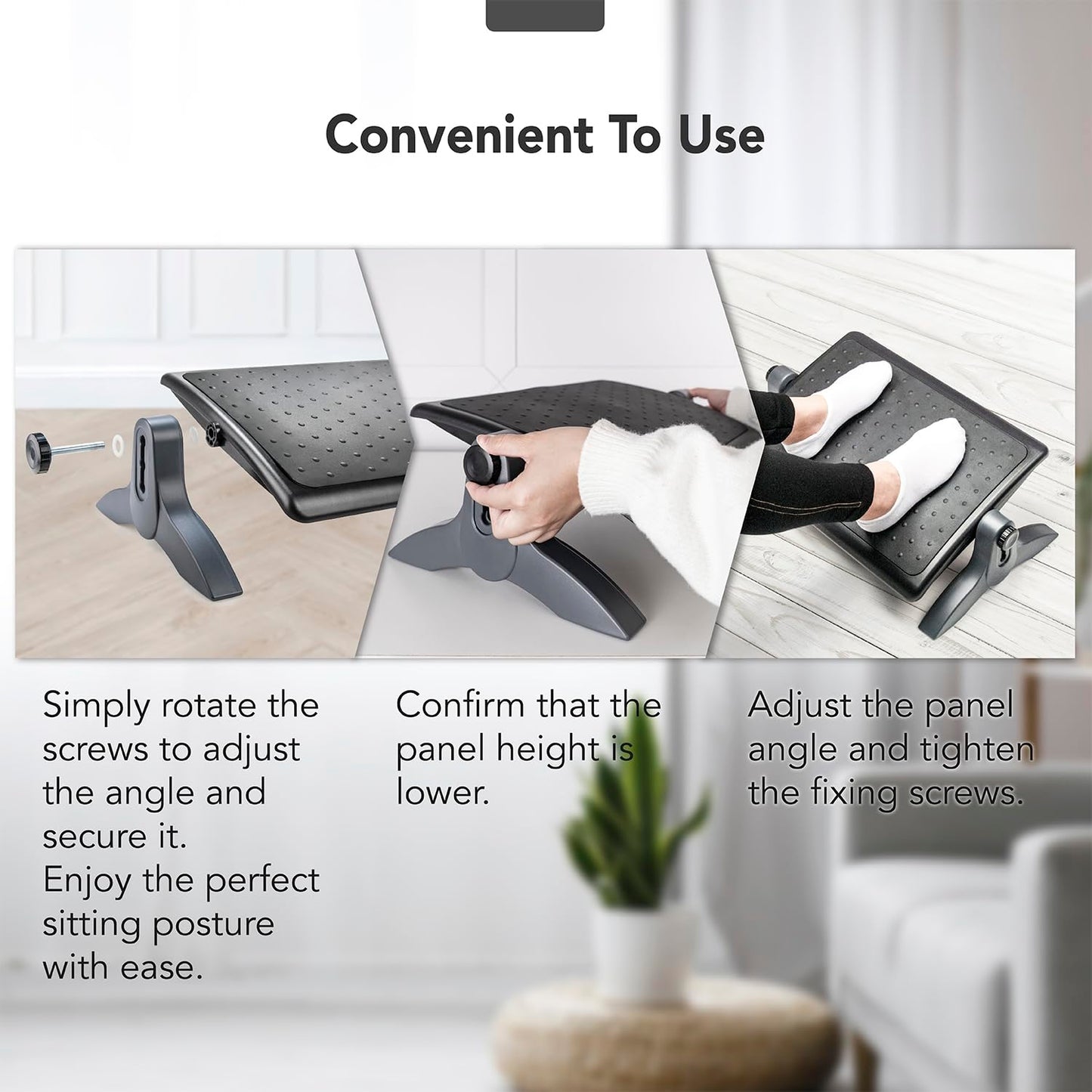 EHO Ottoman, Ergonomic Foot Rest for Under Desk, Adjustable Height and Angle, Rubber Platform, Anti-Slip, Ankle Support, Detachable Washable Cushion, Back and Leg Pain Relief, 21.6"L x 11.4"W, Black