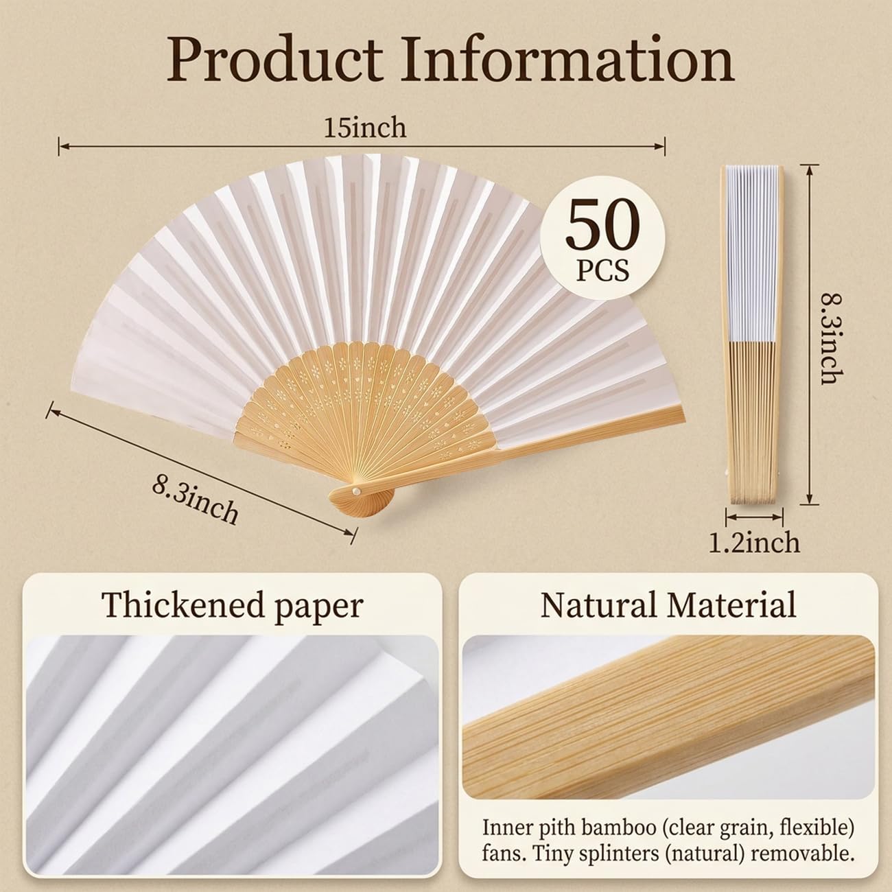 ffscafscn Paper Hand Fans, 8.3 Inch Foldable Handheld Fans for Wedding Favors, Party Decorations, Bridal Shower, Baby Shower, Summer Cooling, (White 50pcs)