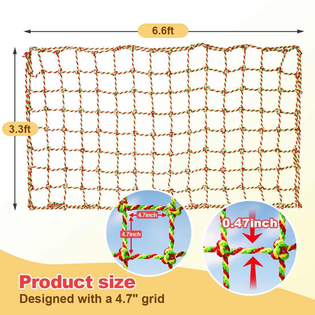 LAKNUAL Climbing Net, 3.3ft X 6.6ft Polyester Climbing Cargo Net for Kids Outdoor, Heavy Duty Large Military Playground Equipment, Rope Ladder, Swingset, Indoor & Outdoor, Treehouse, Jungle Gyms