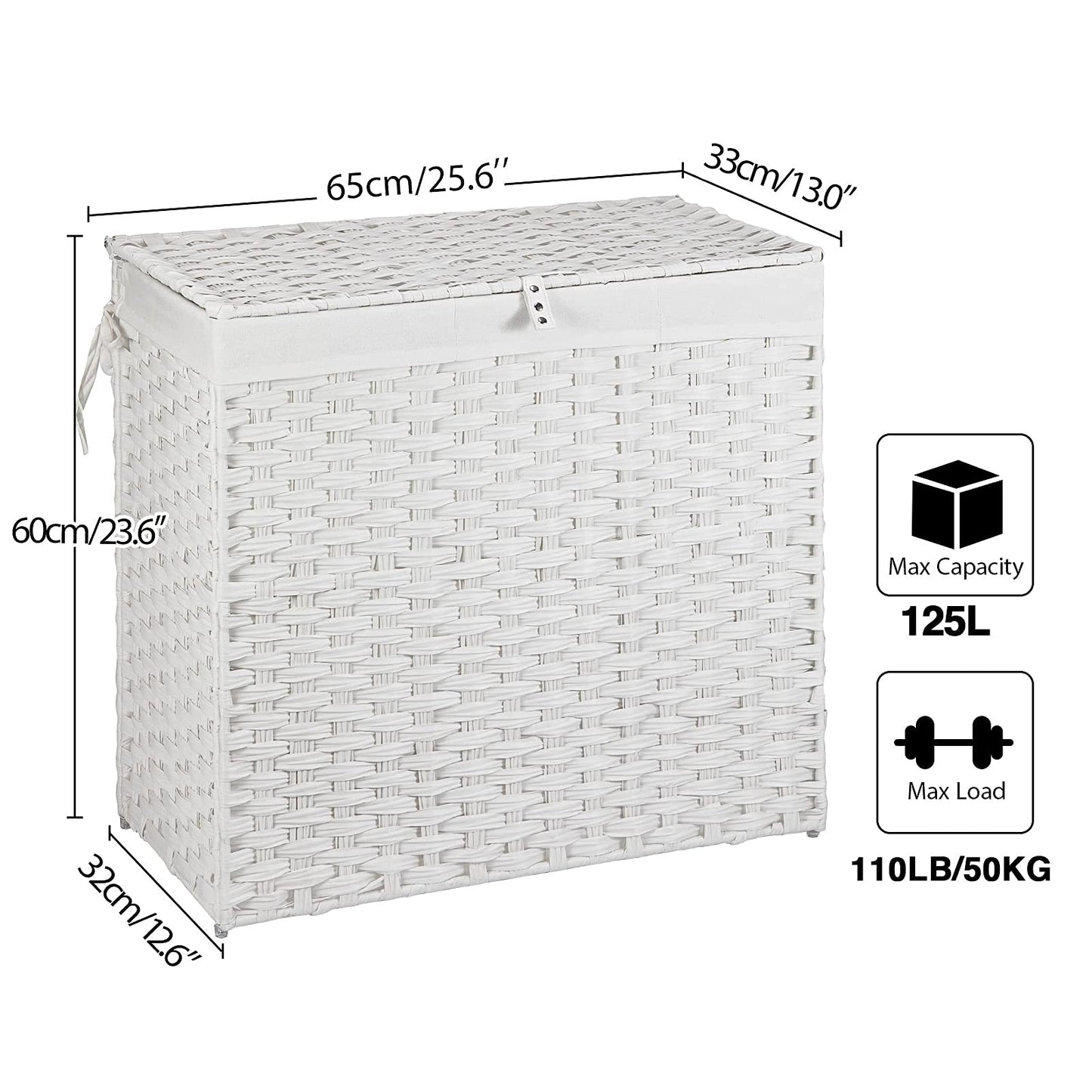 Greenstell Laundry Hamper with Lid, 125L Large Clothes Hamper with 3 Section & 2 Section Removable Liner Bags & 5 Mesh Laundry Bags, Handwoven Synthetic Rattan Divided Laundry Basket, White