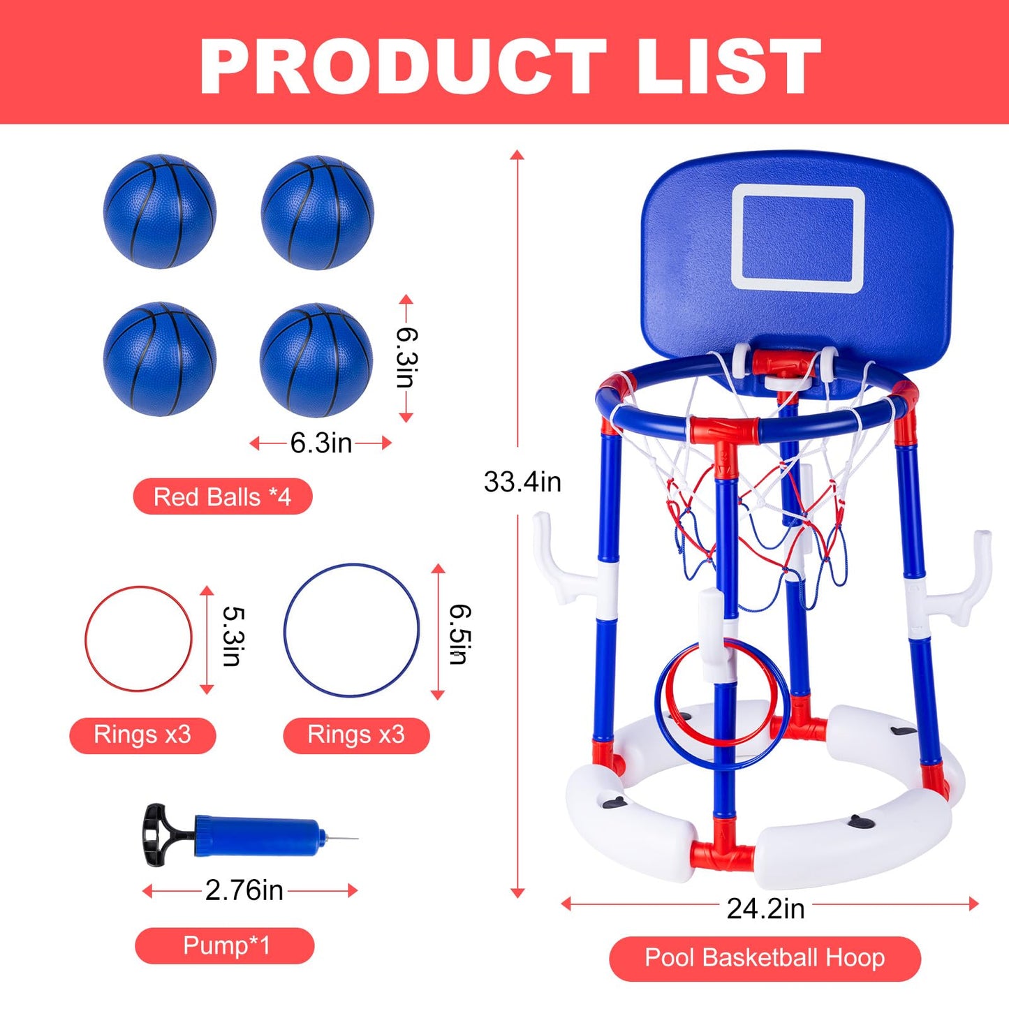 EXCECAR 2-in-1 Floating Pool Basketball Hoop Set,Blue Swimming Pool Basketball Hoop with Backboard,Stable Water Basketball Hoop for Pool Party Fun & Outdoor Family Games