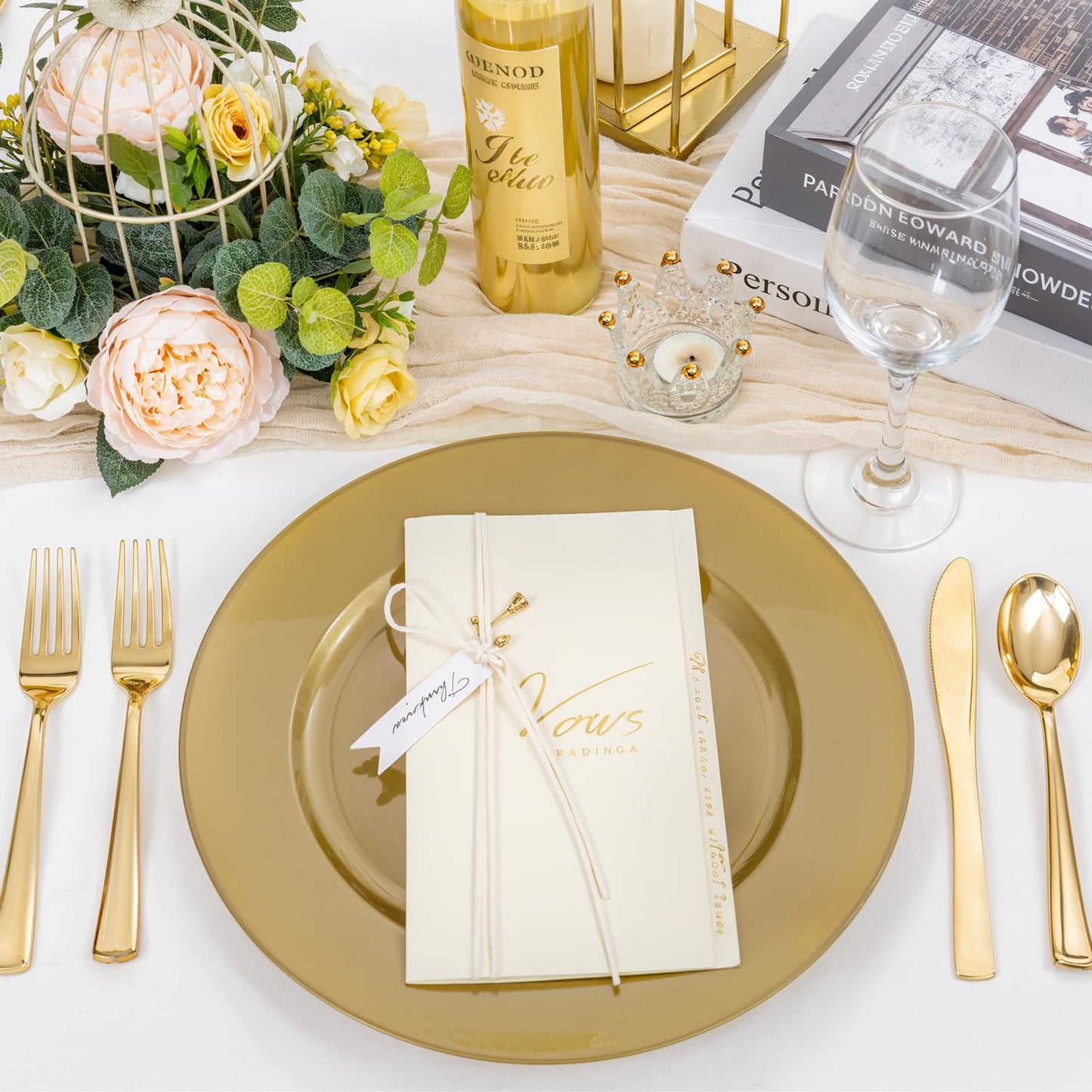 WDF 12Inch Plastic Charger Plates - 25Pack Gold Charge for Dinner - Disposable Gold Charge Plates - Perfect for Dinner/Wedding Party/Elegant Tabletop Decor