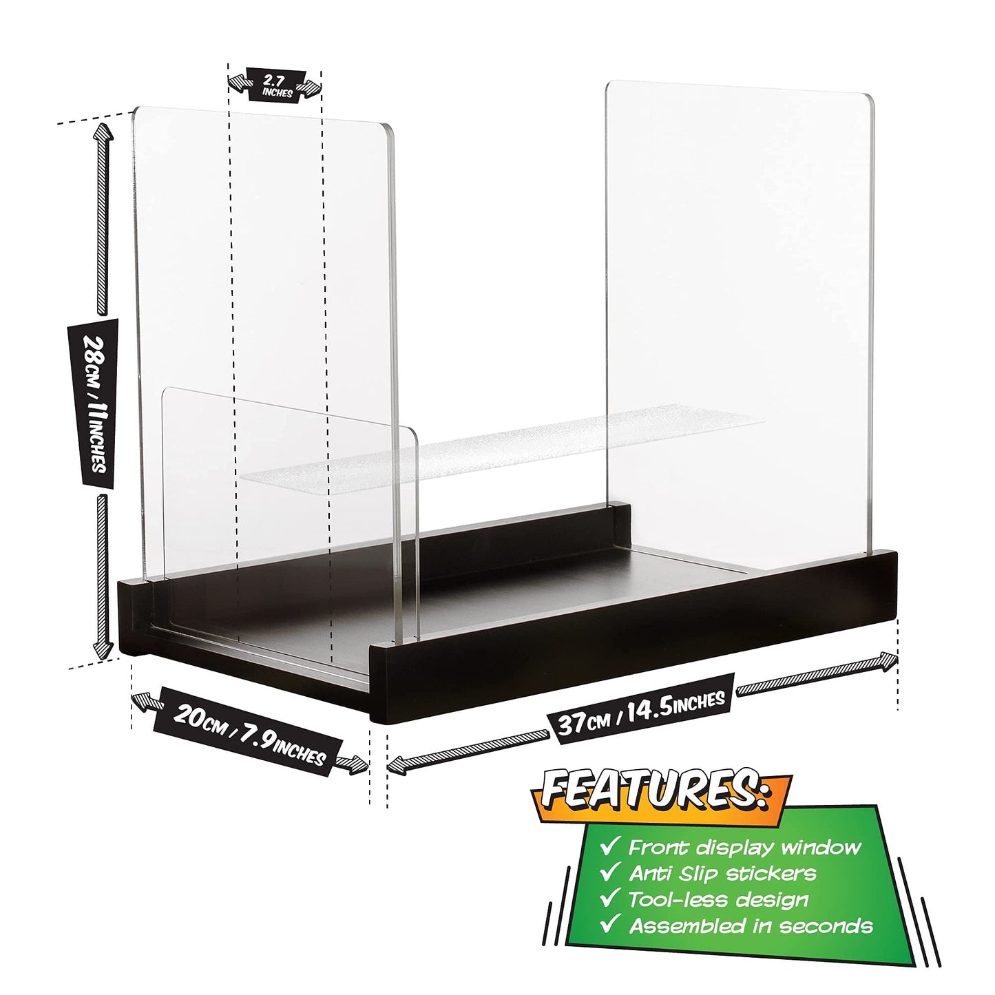 Komiq Patented Comic Book Storage Holder – Wooden & Acrylic Display Box/Case for Collectors – Organizer for Comics, Magazines & Books – Holds 150 Issues, 14.5x8 in (Black)