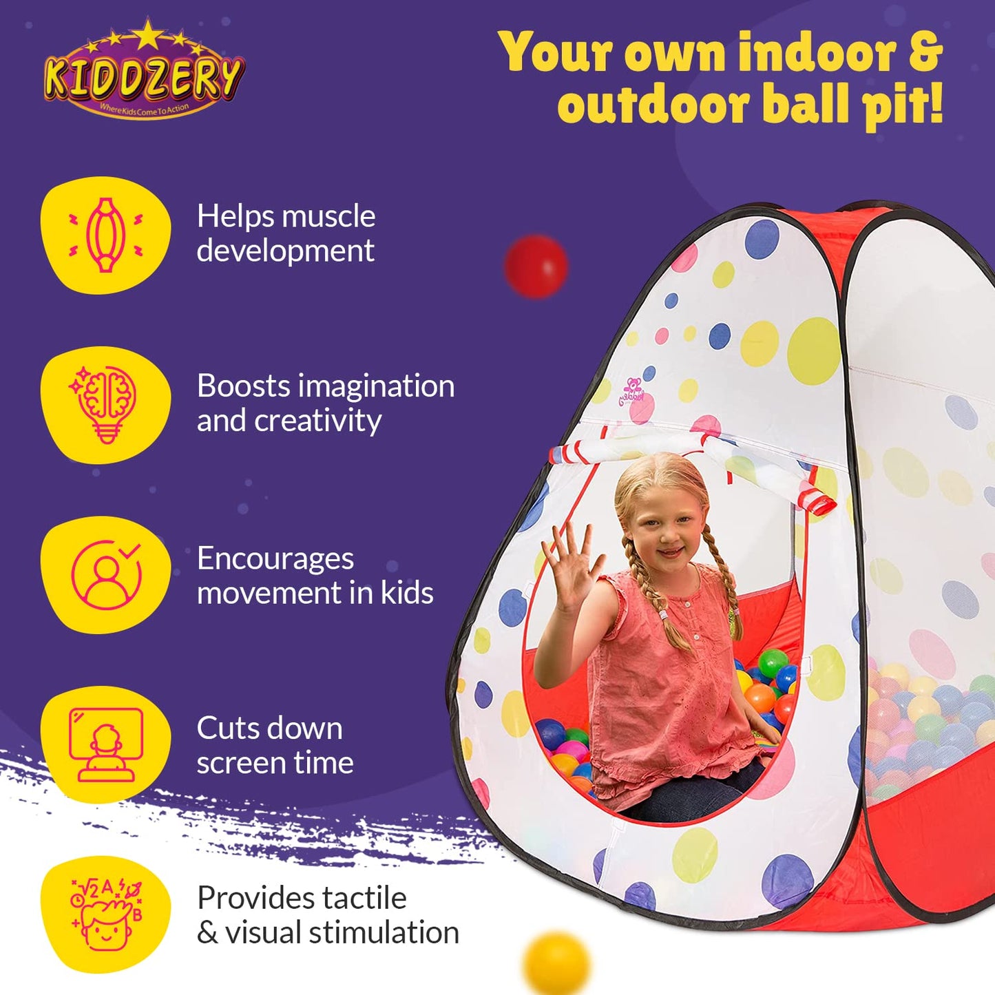 Kids Ball Pit Pop up Play Tent, Playhouse Tent for Boys Girls Babies and Toddlers, Indoor Outdoor Toy Perfect Kid’s Gifts, 50 Ball Pit Balls Included