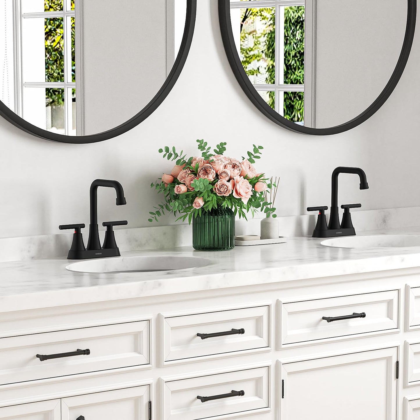 Matte Black Bathroom Sink Faucet, Hurran 4 inch Bathroom Faucets for Sink 3 Hole with Pop-up Drain and Supply Hoses, 360 Swivel Spout Centerset Faucet for Vanity RV Farmhouse, 2 Pack