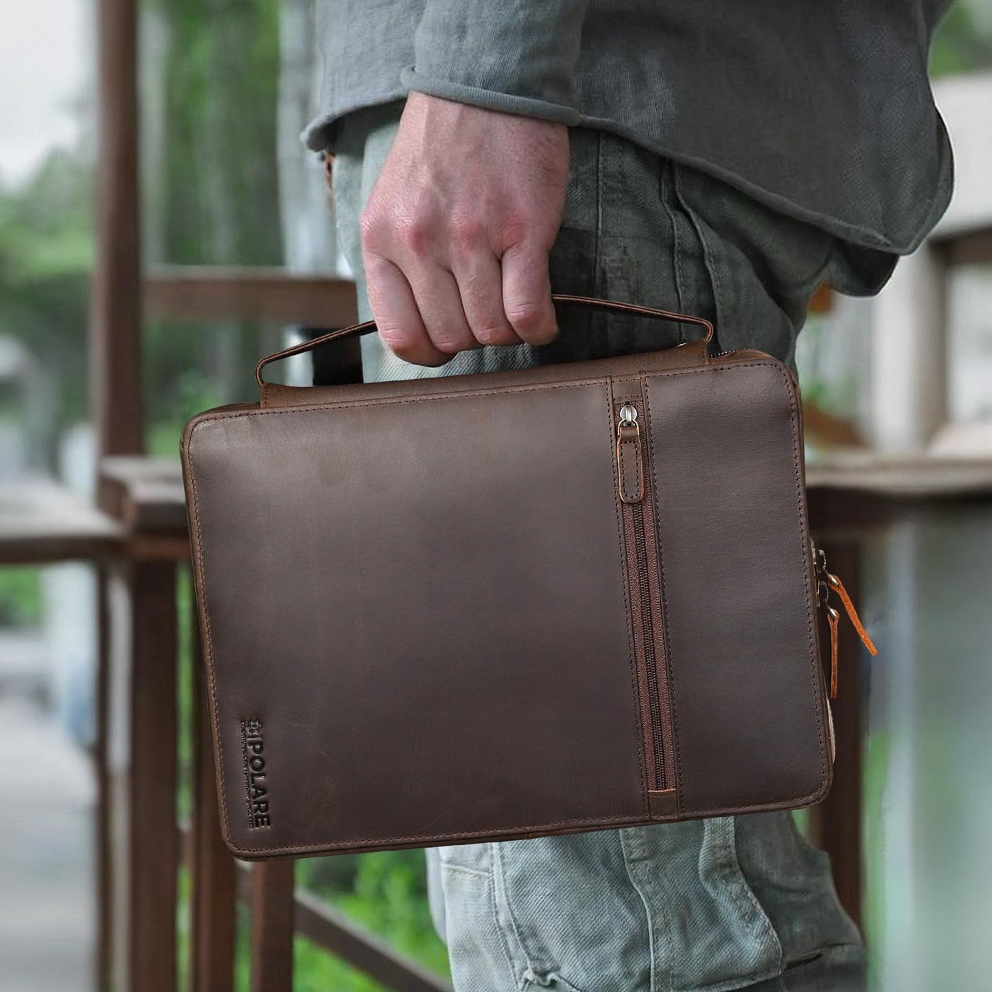 Polare Full Grain Leather Bible Cover Church Bag Bible Protective Book Holder Carrying Case Folder Organizer Portfolio, Dark Brown