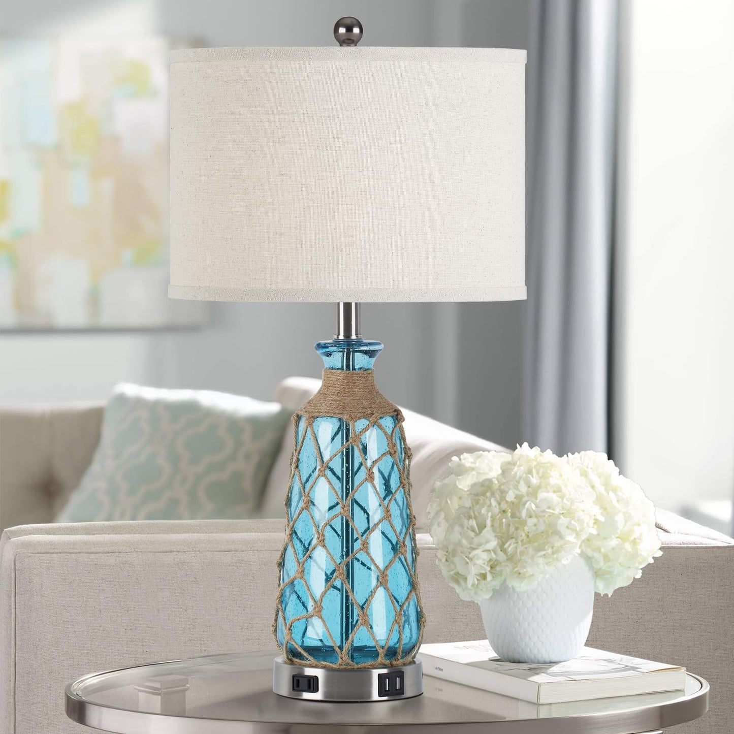 Ruzectt Coastal Glass Table Lamps, 3-Way Dimmable Touch Control Bedside Lamps with 2 USB Ports and AC Outlet, Teal Nautical Nightstand Lamps for Bedroom Living Room (LED Bulbs Included)