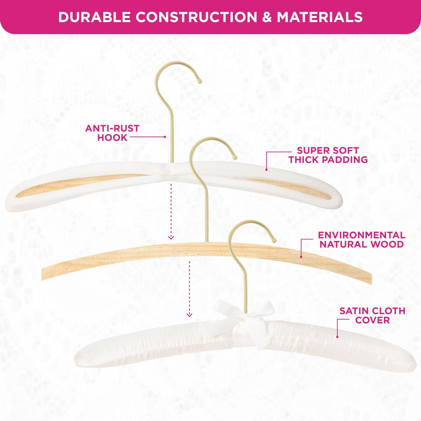Padded Clothing Fabric Hangers for Women Clothing - Set of 12 Premium Hangers for Closet, Bride Hanger for Wedding Dress, Sweater - Ivory