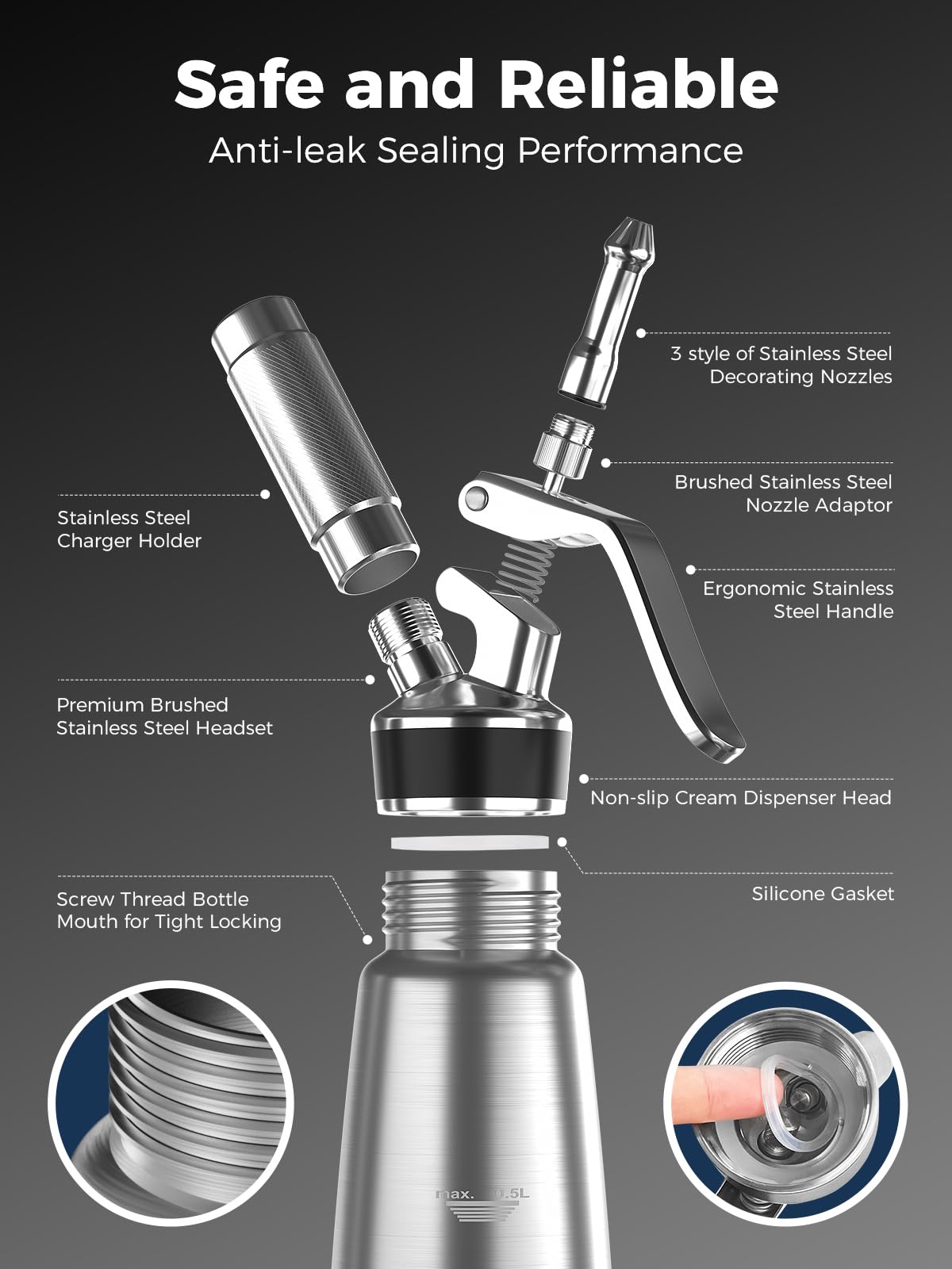 Professional Stainless Steel Whipped Cream Dispenser – 500 mL / 1 Pint, Includes 3 Decorating Nozzles, Cleaning Brush & Storage Bag – Ideal for Desserts, Coffee & Pastries (N₂O Chargers Not Included)
