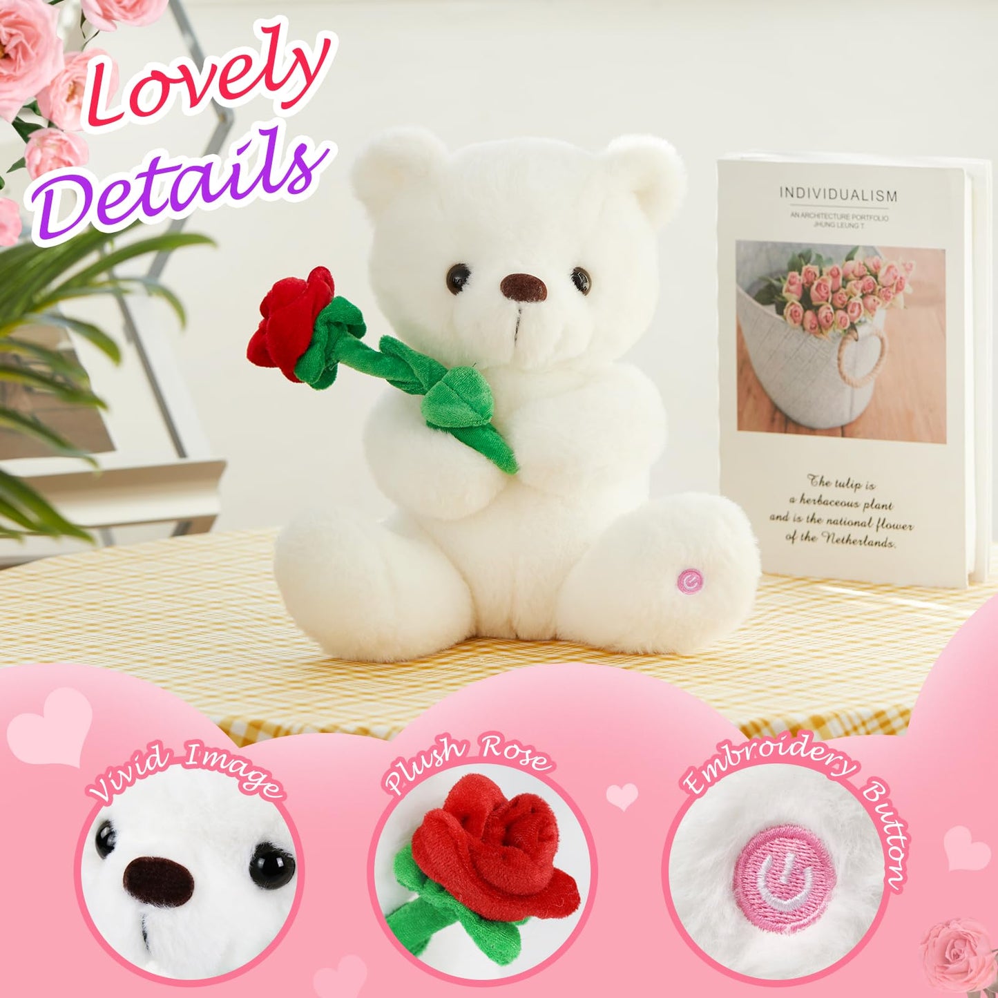 Houwsbaby Glow Teddy Bear with Rose Stuffed Animal Soft Light Up Plush Toy LED Night Lights Valentine’s Day Gifts for Kids Toddler Girlfriend Mother's Day, White, 10.5''