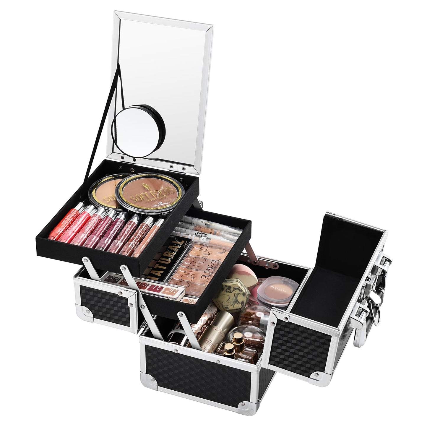 Joligrace Makeup Box Cosmetic Train Case Jewelry Organizer Box - 2 Trays Key Lock Portable Carrying with Mirror Travel Storage Modern Style Black