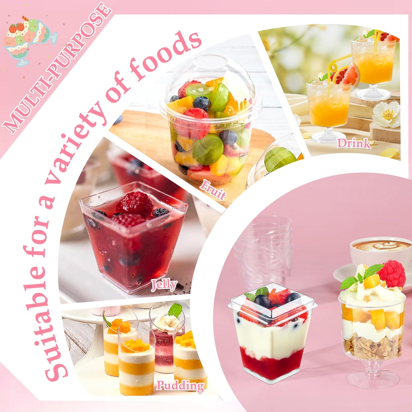 LifeisLuck 435 PCS Plastic Dessert Cups with Lids and Spoons, 5 oz and 3 oz Mini Clear Shooters Cups for Desserts, Appetizer, Ice Cream, Pudding, Jelly, Fruit, Mousse