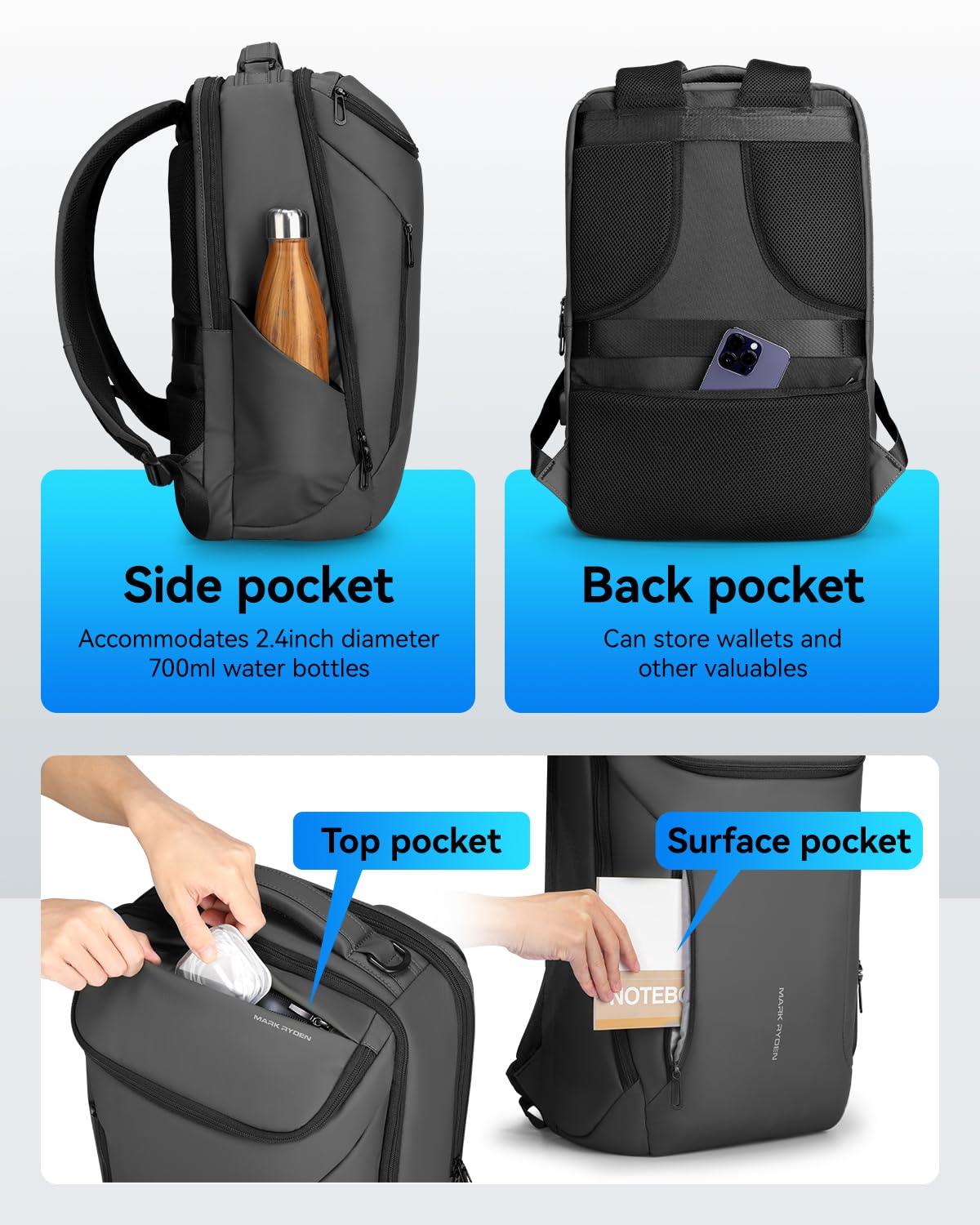 Muzee Backpack for Men Waterproof and Travel Laptop Backpack with USB Charging, Fits 17 Inch Laptop and Tech Gear