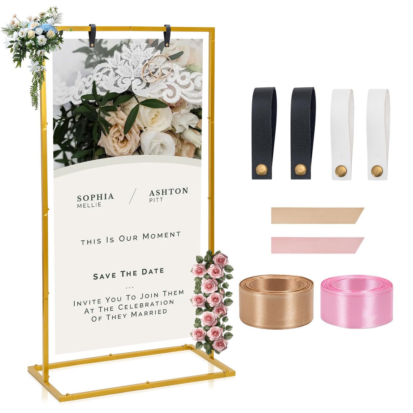 Elegant Wedding Sign Stand & Holder，Golden Heavy Duty Metal Wedding Welcome Sign Stand for Reception，Welcome to Our Wedding Hanging Sign Stand - Perfect for Seating Chart, Posters, and Decor