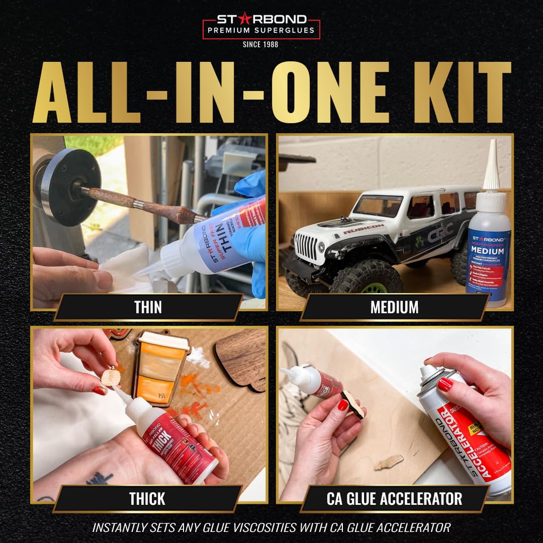 STARBOND 2 oz Thin Medium Thick CA Glue with 6 oz Activator Bundle, Premium Cyanoacrylate Super Glue for Quick Fix, Woodworking, Woodturning, Hobby Models, 3D Printing