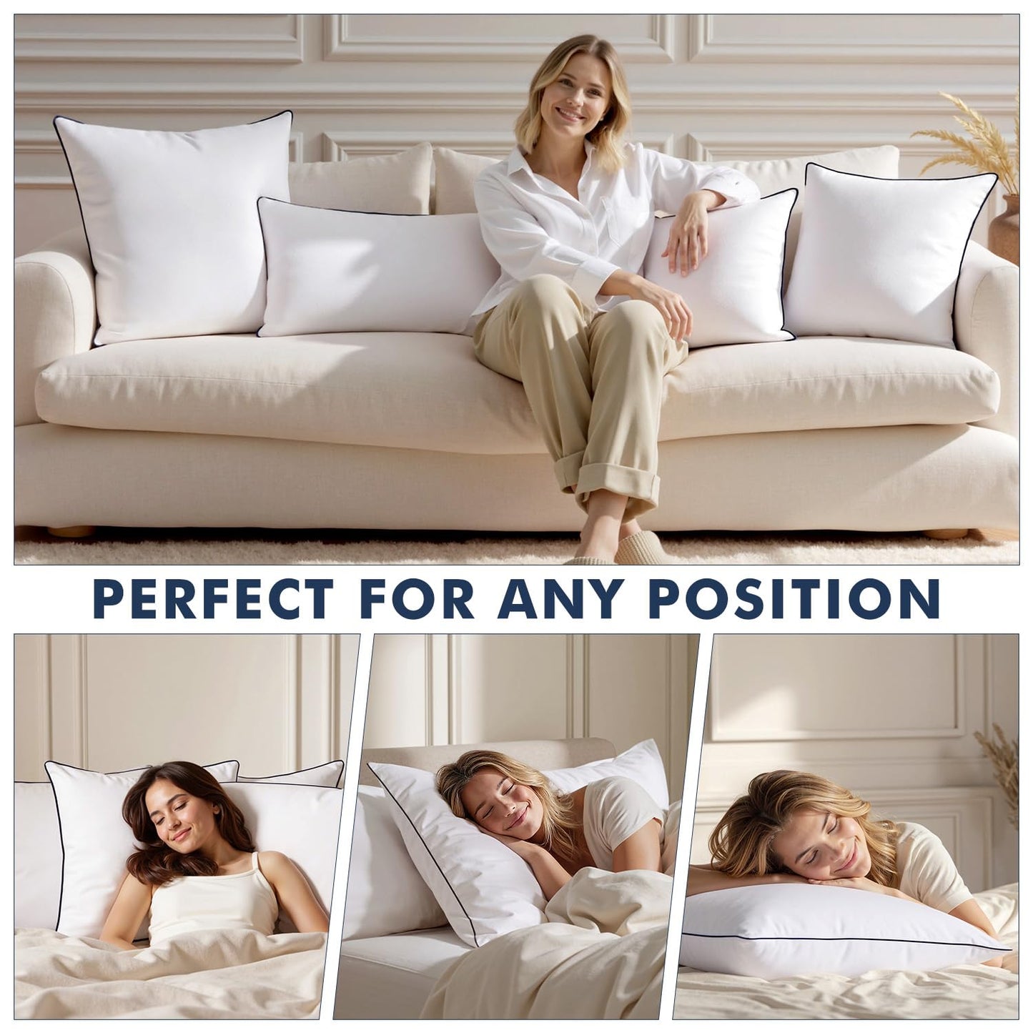 MIULEE Goose Feather Down 22x22 Pillow Insert Set of 2 with 100% Down-Proof Cotton Cover, Soft Fluffy Decorative Pillow for Sofa Bed Couch Living Room White