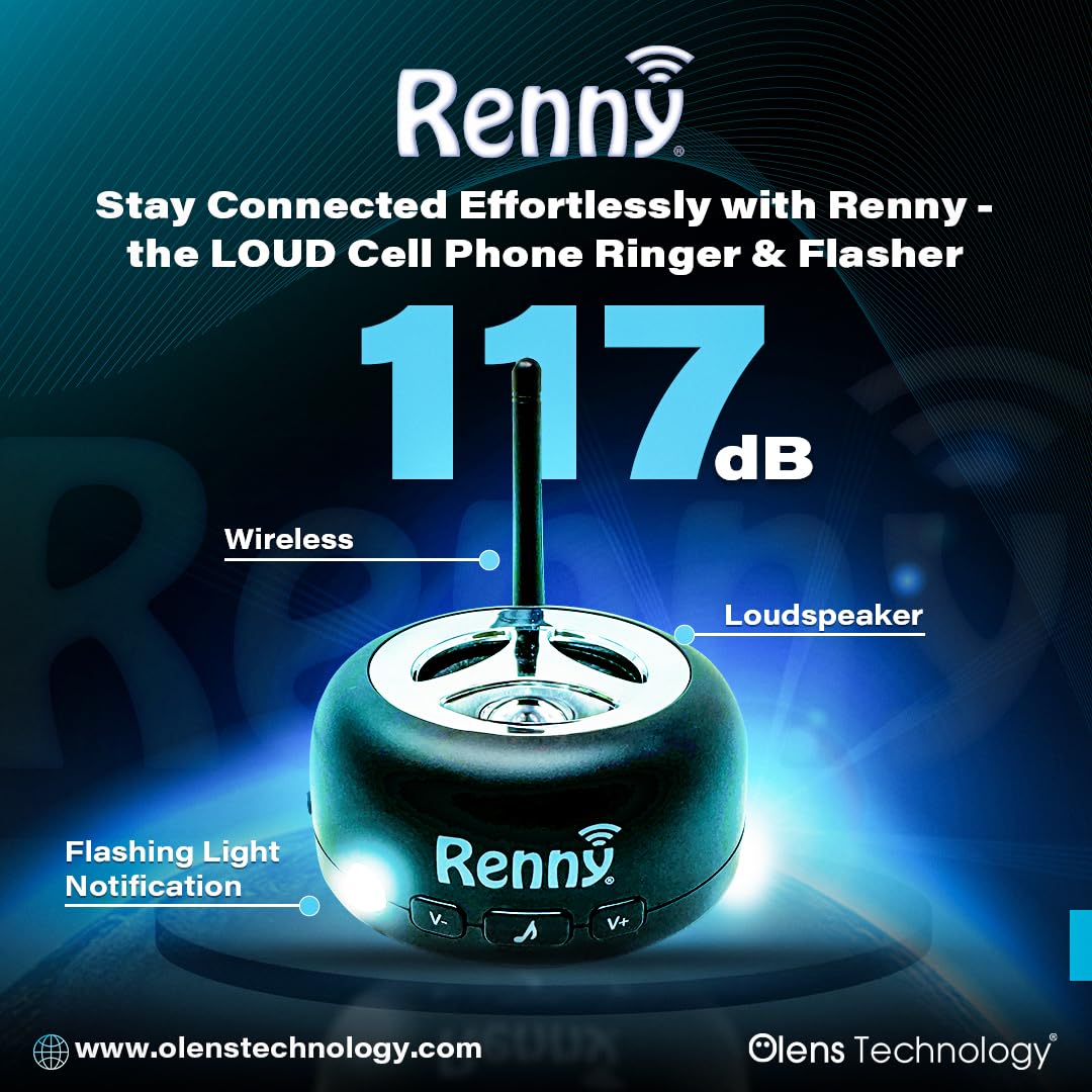 Renny - The Loud Cell Phone Ringer, Amplifier & Flasher for The Hearing Impaired (117dB) | Auto-Connects Wirelessly via Bluetooth | External Ringtones | Text/Email Notifications | Talking Caller ID