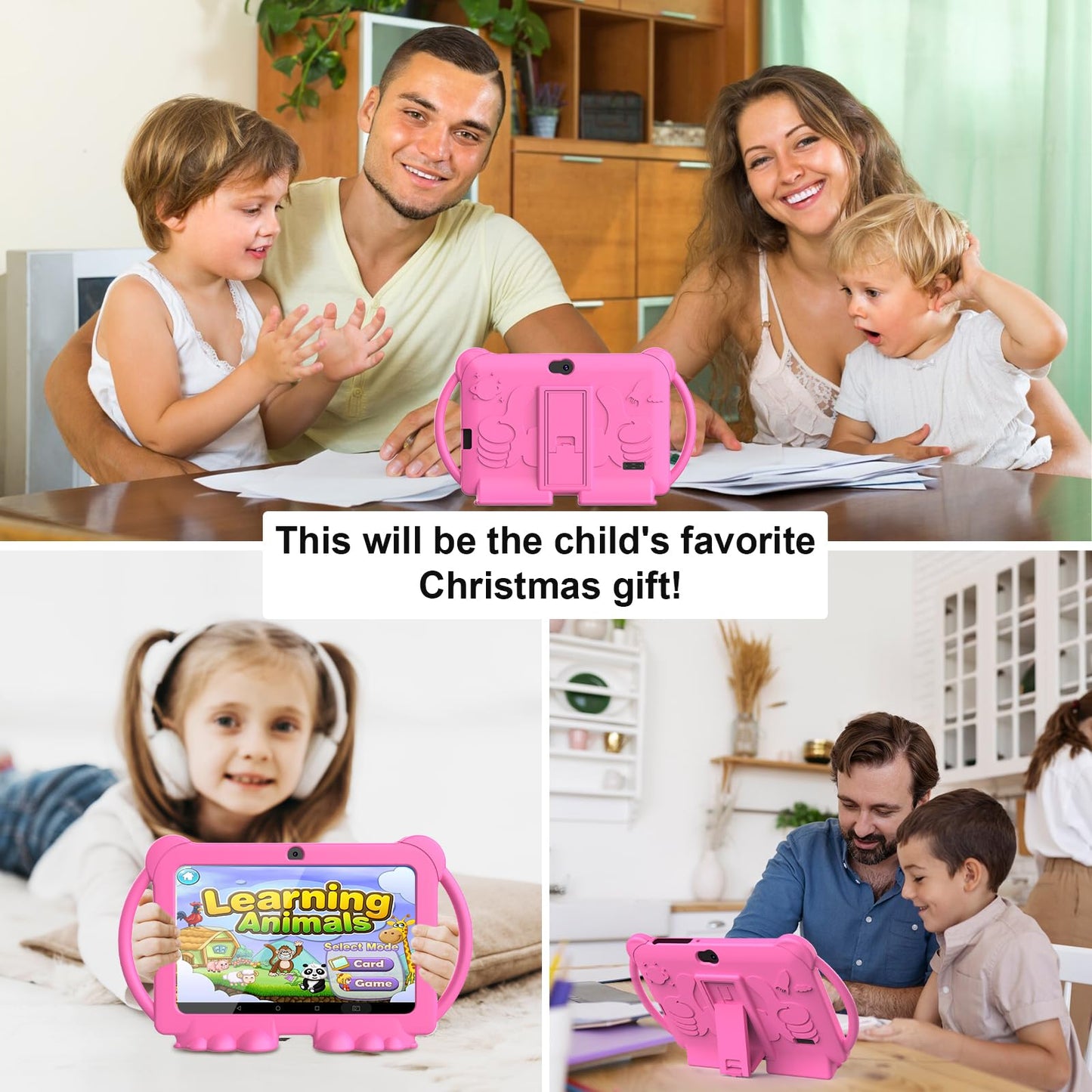 Kids Tablet, 7 inch Android 12 Tablet for Kids, 4GB RAM 32GB ROM 1TB Expand, Toddler Tablet with Parental Control, IPS Screen, Dual Camera, Educational, Games, Shockproof Case for Boys/Girls (Pink)