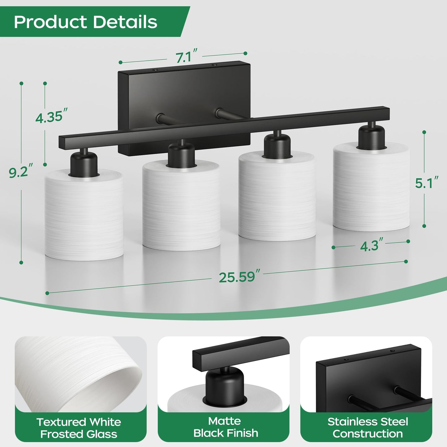 PARTPHONER Classic Vanity Lights, Modern Bathroom Vanity Light with Textured White Glass Shade, Matte Black, 4-Light