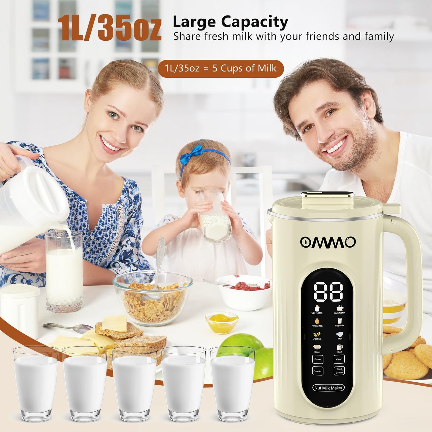 OMMO 10 in 1 Nut Milk Maker Machine Blender, 35oz Soy Milk Maker with Large Screen/10 Blades for Hot/Cold Almond Oat Soybean Milk Maker, 12 Hours Timer/Self-Cleaning, Includes Recipe Book-Accessories