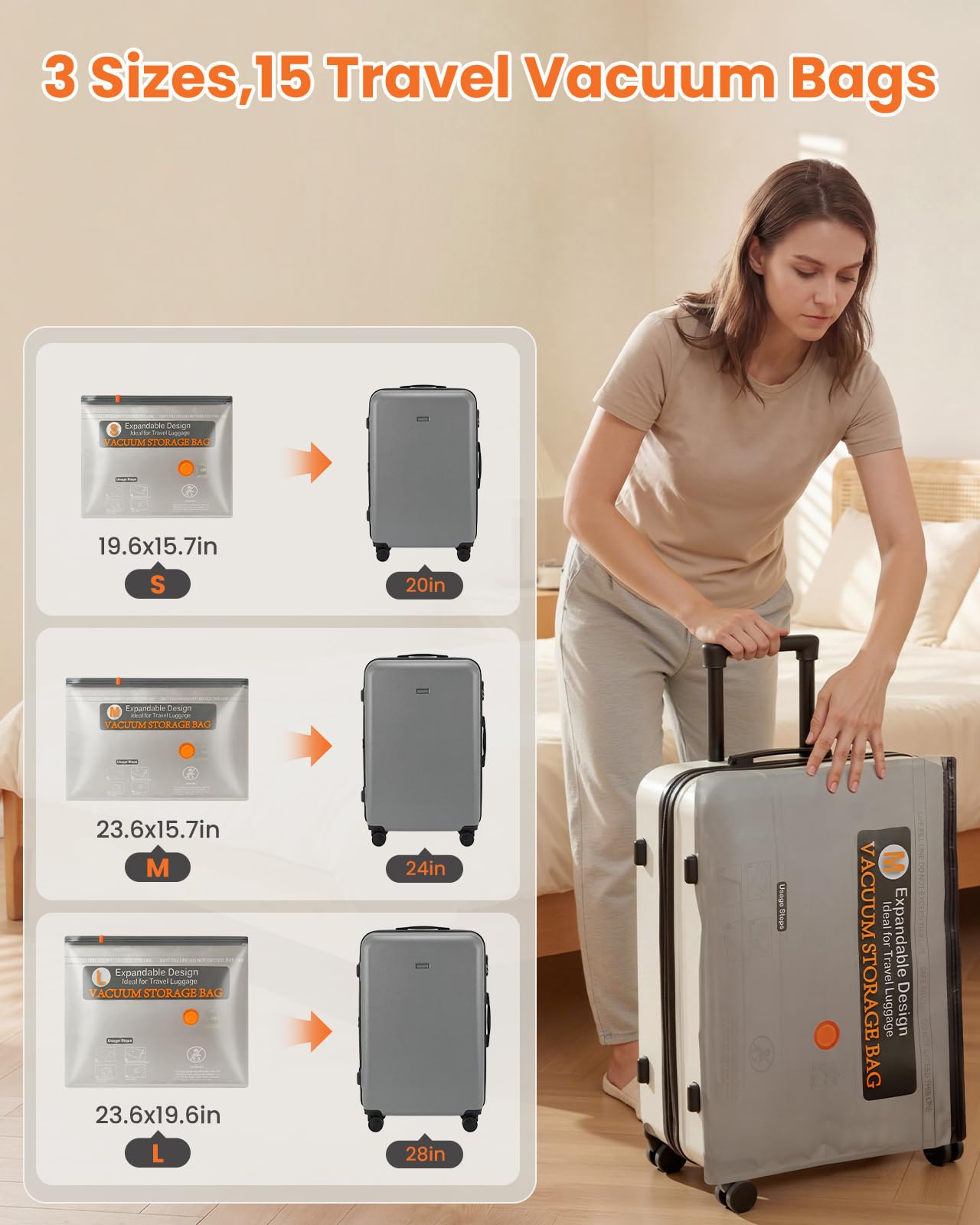 Vacuum Bags for Clothing Travel with Rechargeable Electric Pump, 15 Pack Compression Vacuuum Storage Bags for Luggage and Seasonal Storage, Space Saver Seal Bags for Cruise and Vacation
