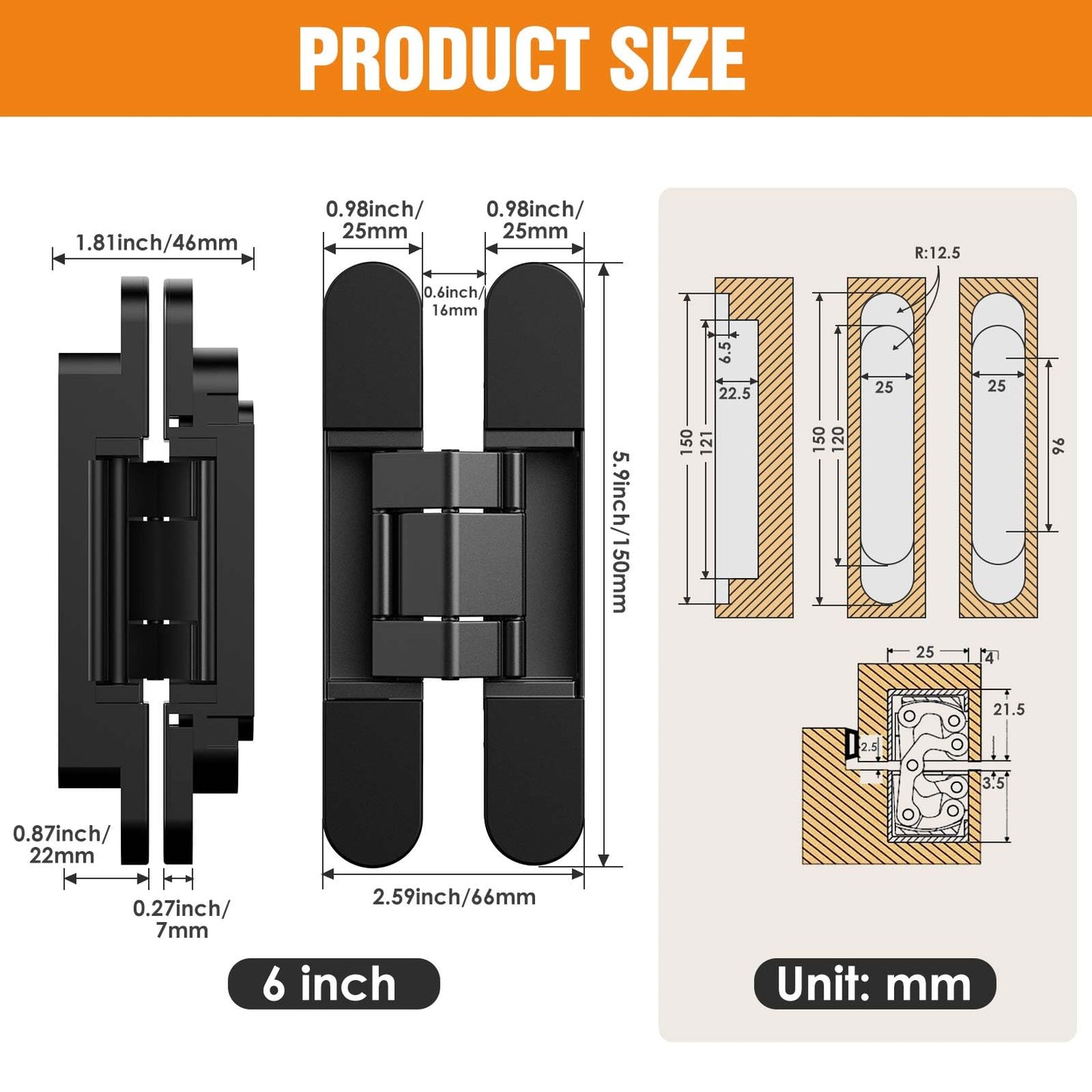 Lipshome 6" Hidden Door Hinge/Invisible Door Silent 180 Degree Swing Hinge 3-Way Adjustable Butt 6 x 2.5 x 1 Black (Pack of 2) (Black)