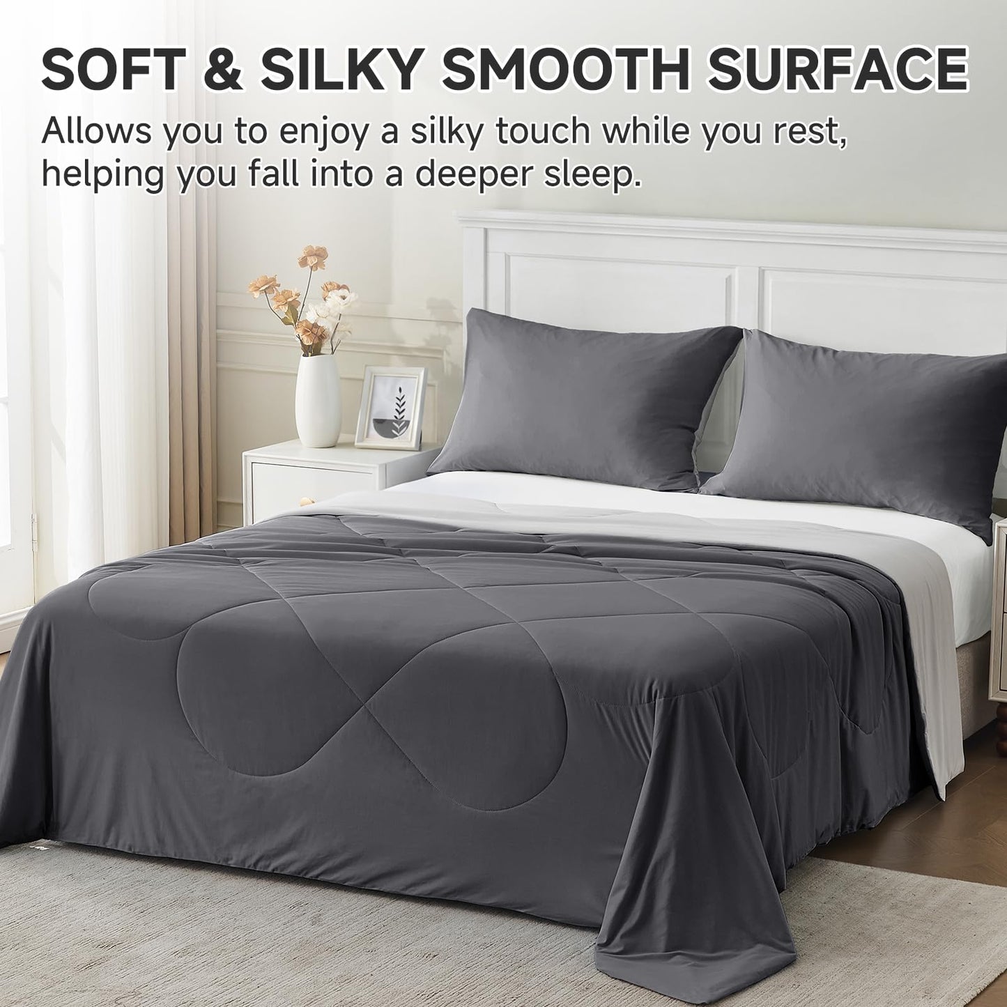 HOMFINE Cooling Comforter Twin Size, Grey Summer Cooling Blanket for Hot Sleepers and Night Sweats, Japanese Double-Sided Cold Tech Fabric Q-Max 0.45, Soft Breathable Silky Smooth Lightweight
