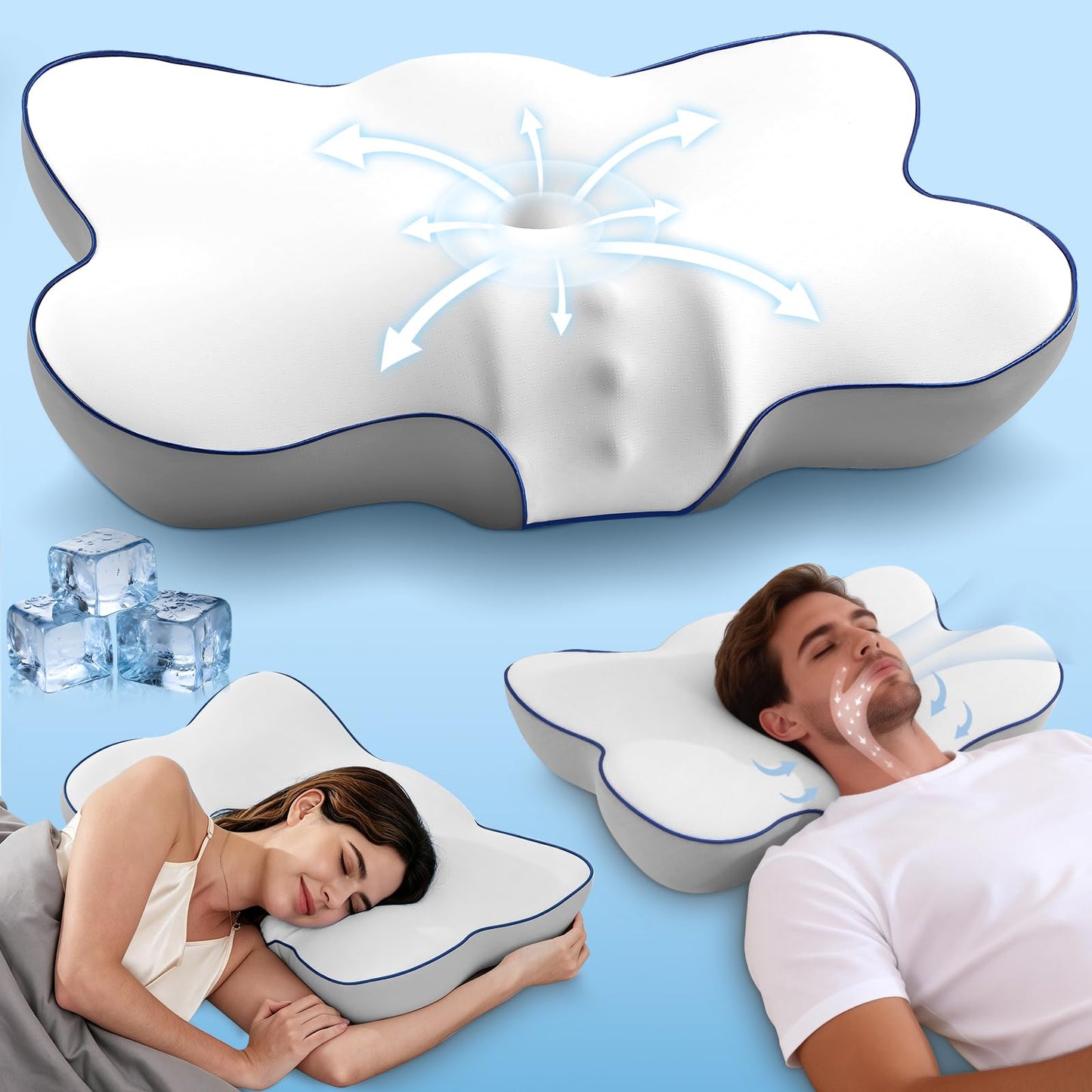 Patented Cervical Pillow for Neck Pain Relief, Ultra Cooling Ergonomic Contour Neck Pillow with 3D Ice-Silk Mesh Cover and Oeko-TEX Memory Foam, Orthopedic Pillow for Back Stomach Sleepers (Large)